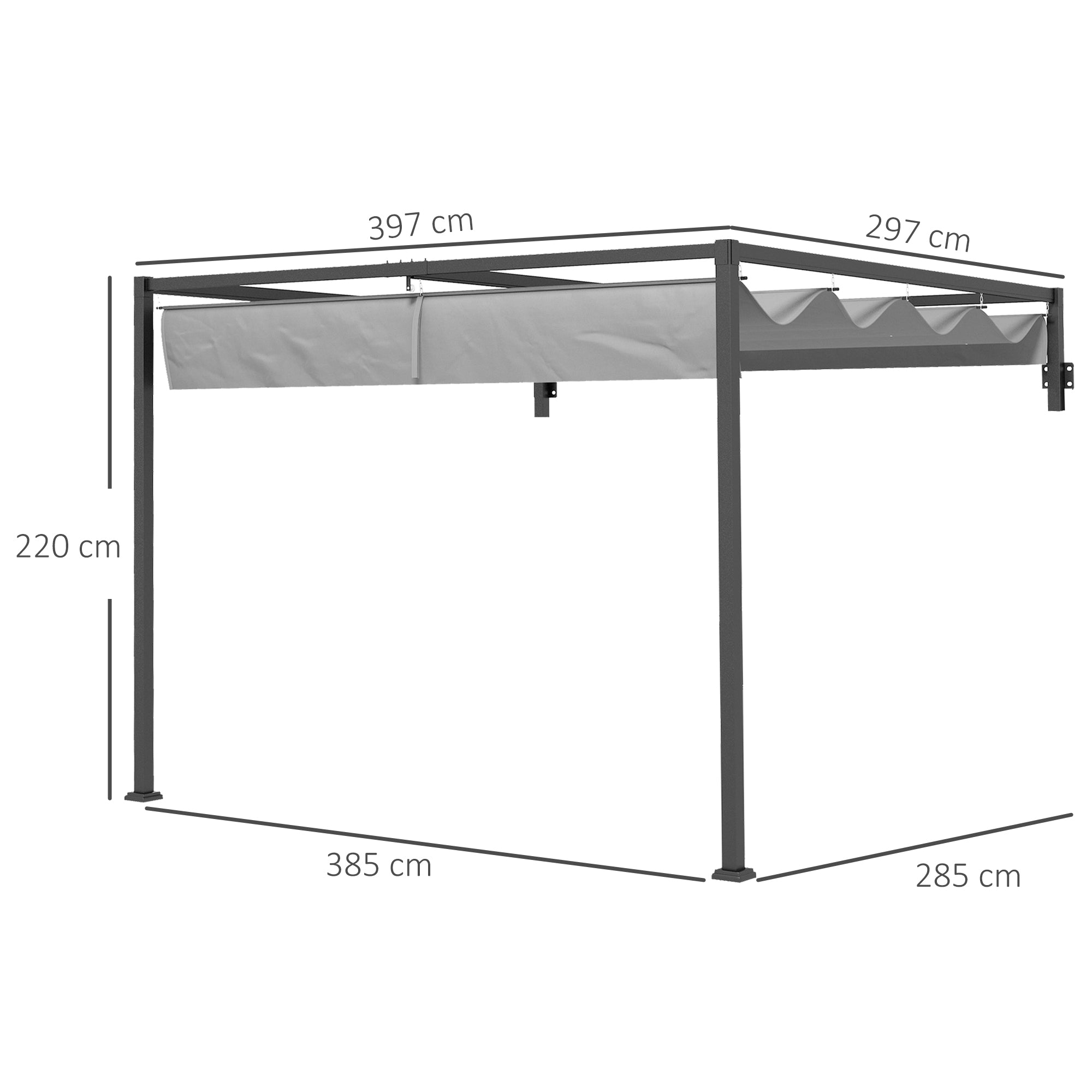 Pergola Gazebo 3x4m with Retractable Roof and Drainage Holes, Steel and Polyester Garden Pergola with Stakes and Screws, Dark Grey