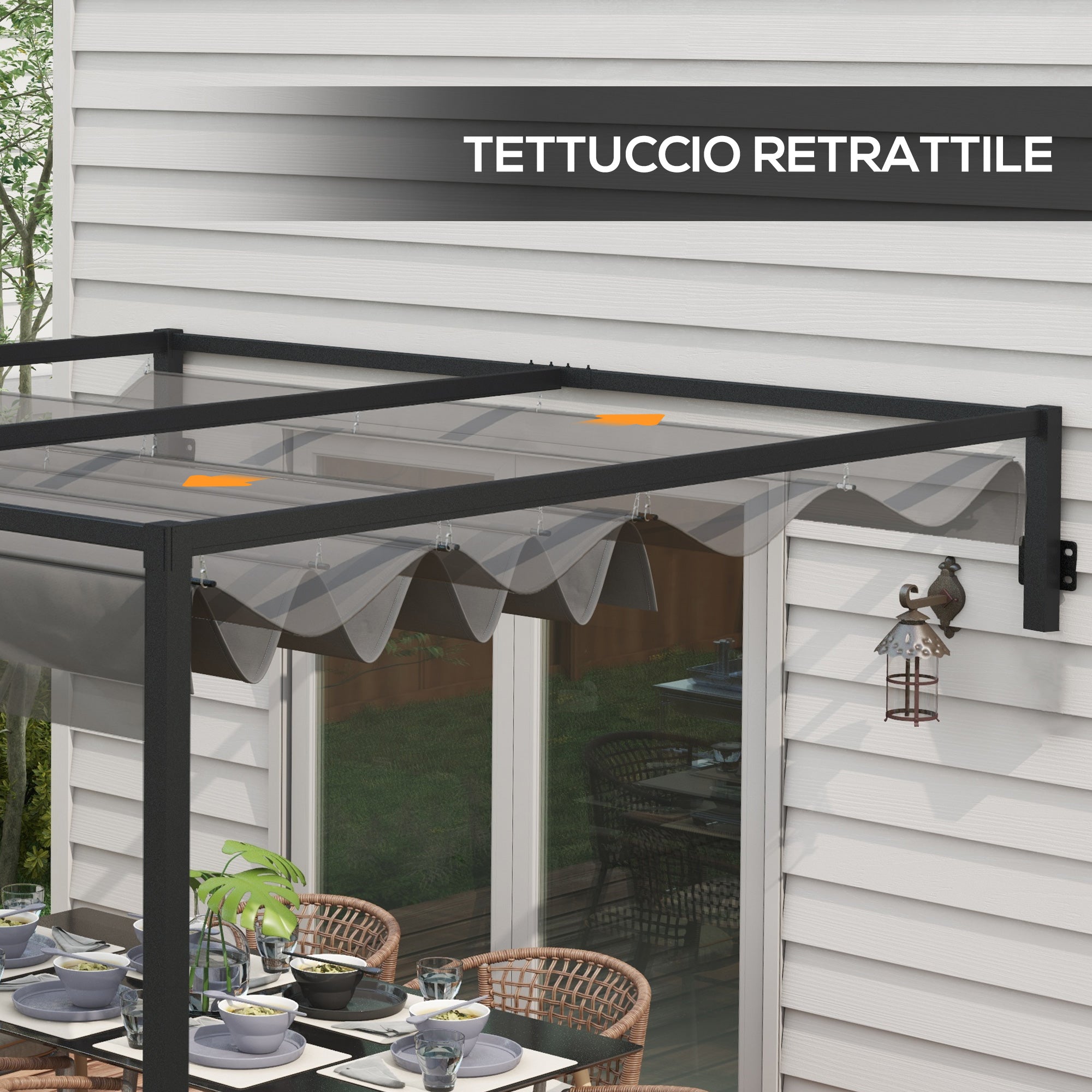 Pergola Gazebo 3x4m with Retractable Roof and Drainage Holes, Steel and Polyester Garden Pergola with Stakes and Screws, Dark Grey
