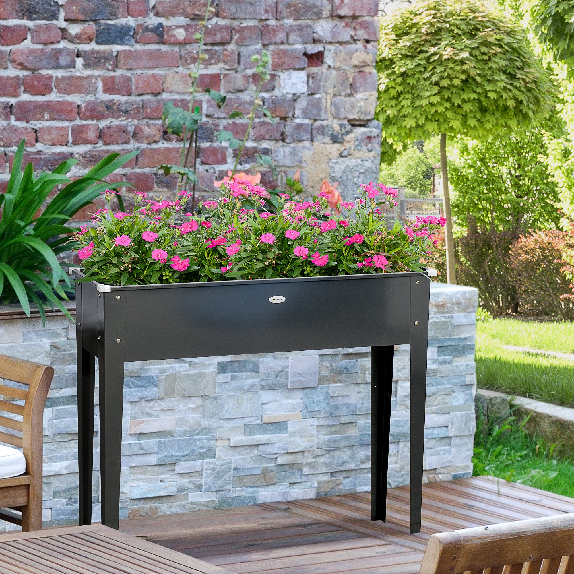 Square Raised Garden Bed Planter with Drainage Hole - Galvanized Steel Black 100 x 30 x 80 cm