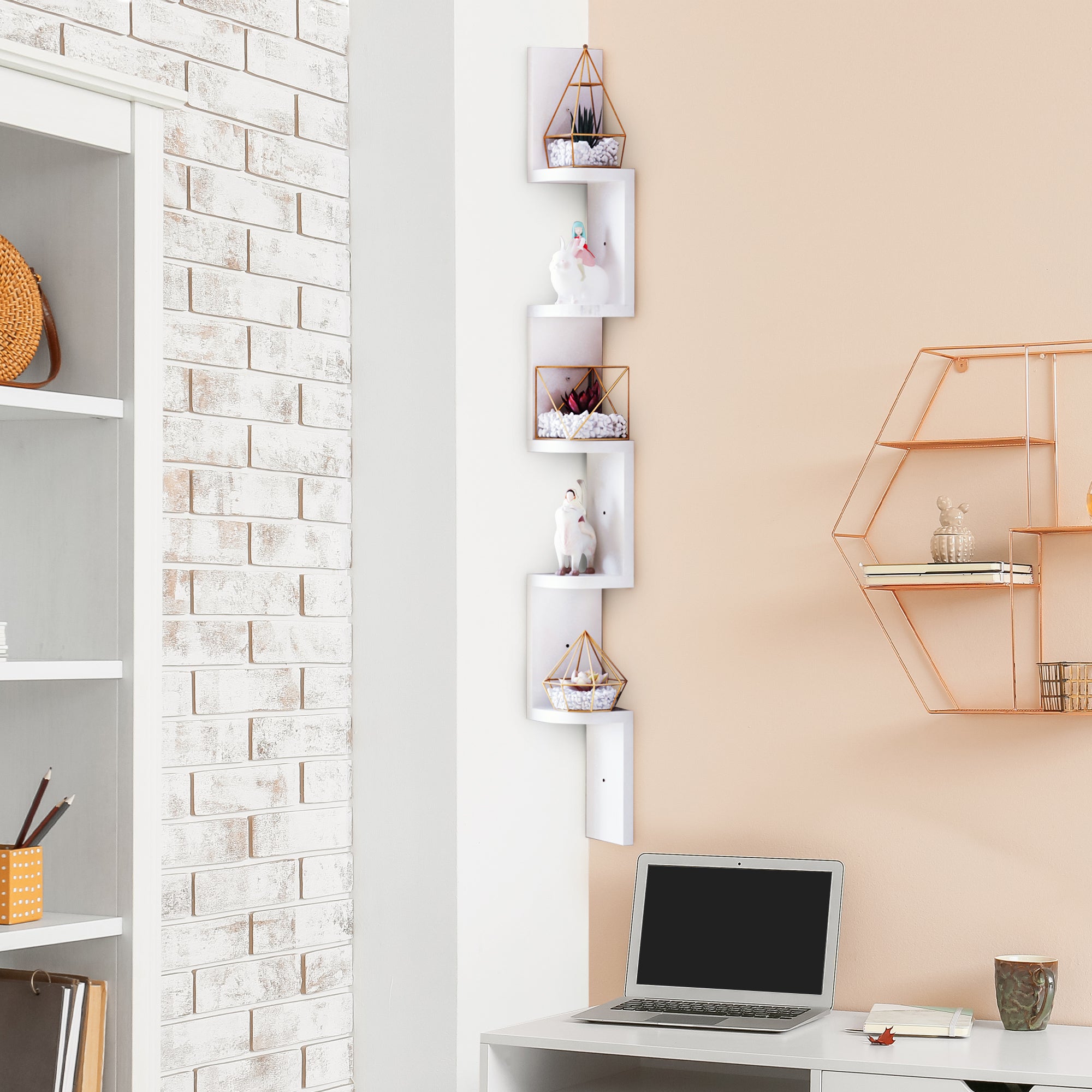 5-Tier Zigzag Wall-Mounted Corner Shelf Height 120 cm White Wood