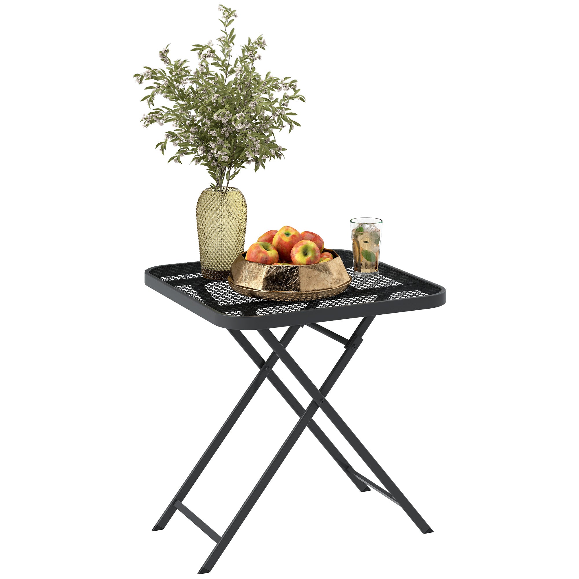 Folding Garden Table 70 x 70 cm, Weatherproof Balcony Table Steel Folding Table with Cutout Design, Outdoor Dining Table, Square Side Table, Patio Table for Garden Terrace Balcony - Black
