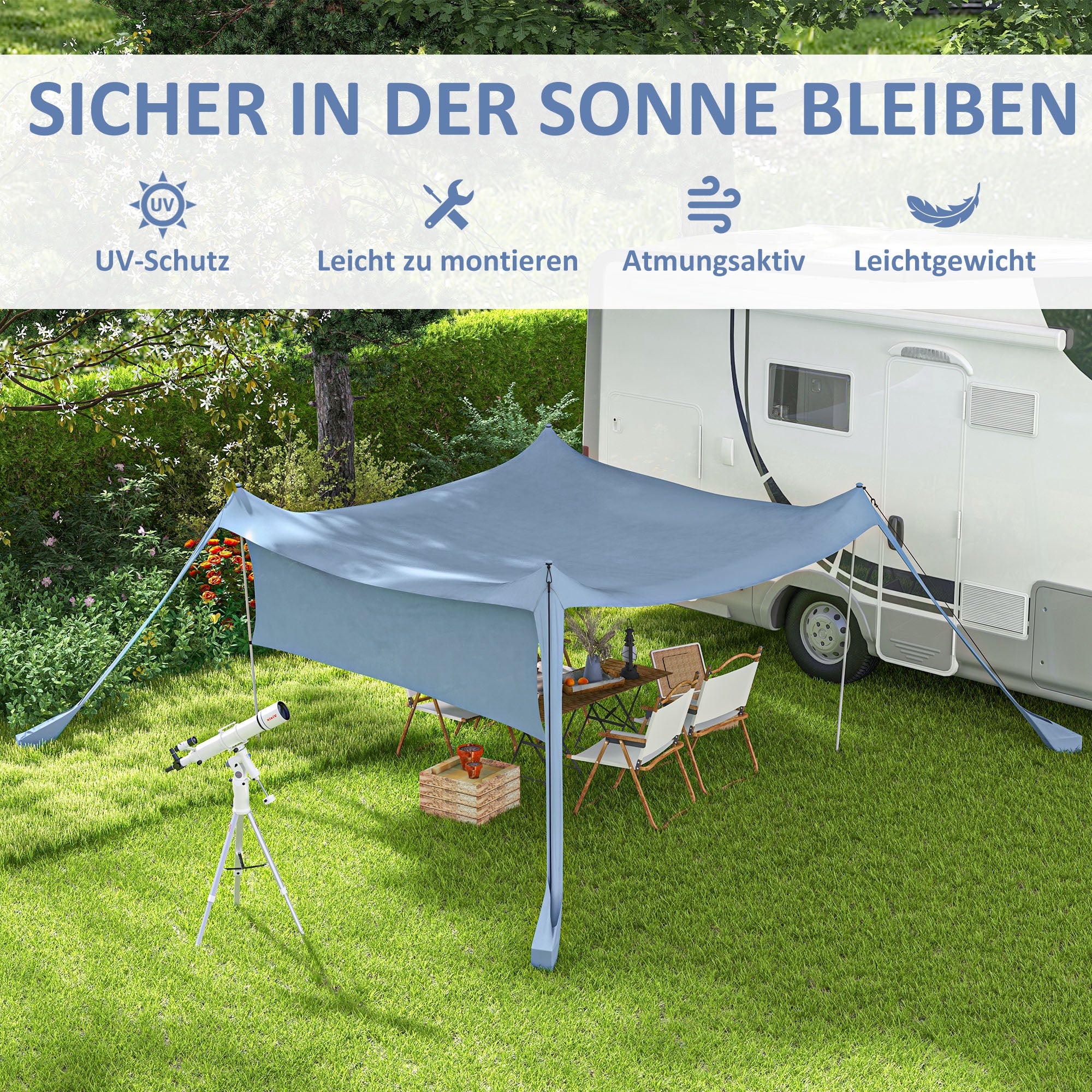 Sun Shade Sail Waterproof Weather Protection with Steel Poles, Shovel, Carrying Bag, for Camping, Travel, Picnics 3 x 3 x 2 m, Blue