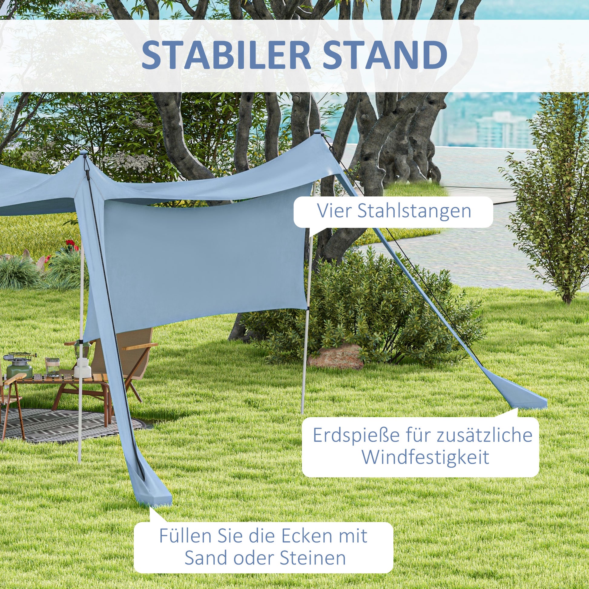 Sun Shade Sail Waterproof Weather Protection with Steel Poles, Shovel, Carrying Bag, for Camping, Travel, Picnics 3 x 3 x 2 m, Blue