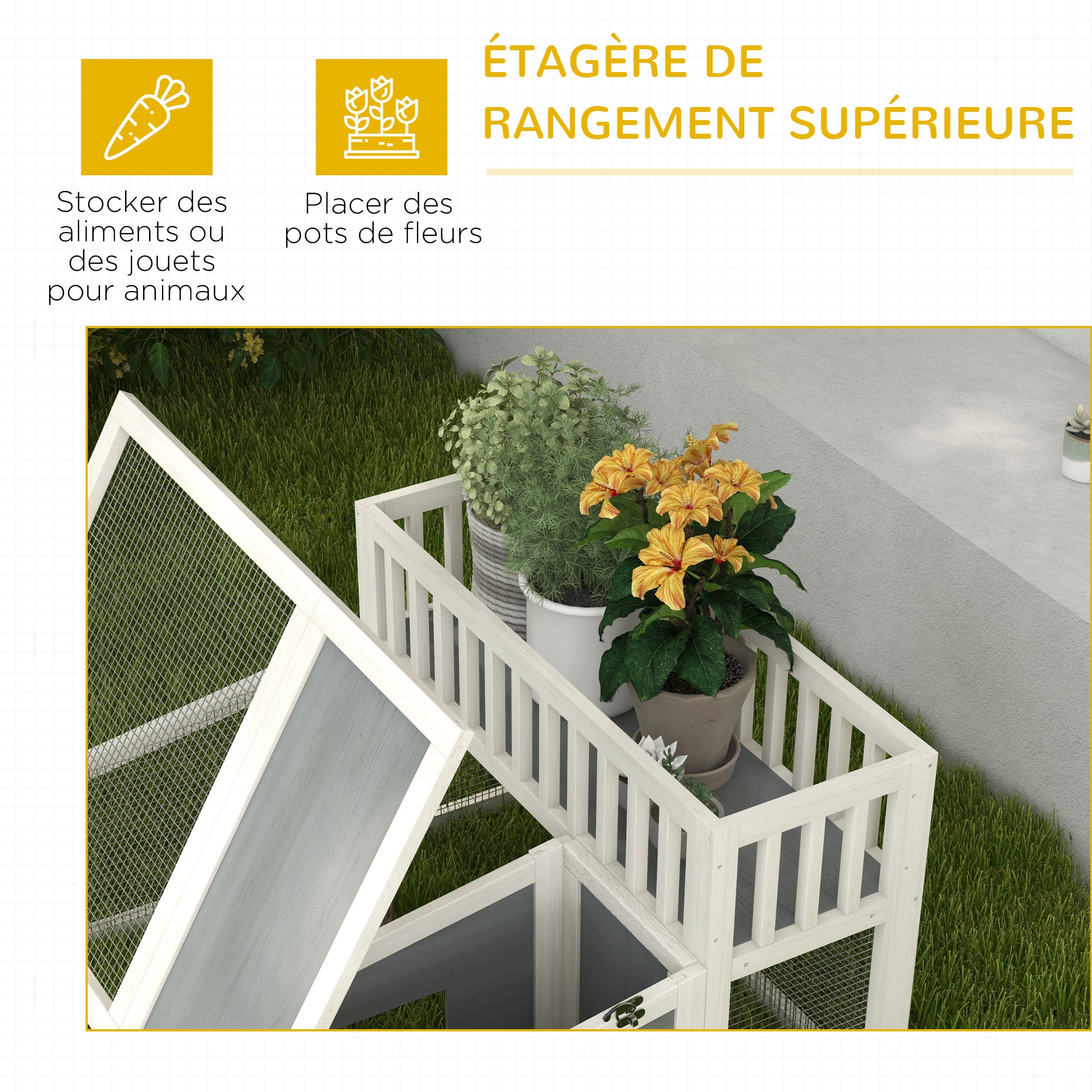 Rabbit Hutch, wooden rabbit cage with shelf for plants large wooden space, multiple doors - Dim. 94L x 90W x 60H cm - grey and white