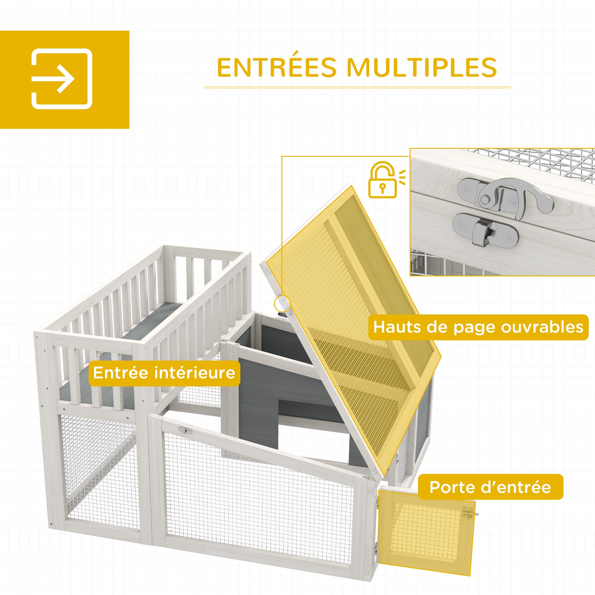Rabbit Hutch, wooden rabbit cage with shelf for plants large wooden space, multiple doors - Dim. 94L x 90W x 60H cm - grey and white