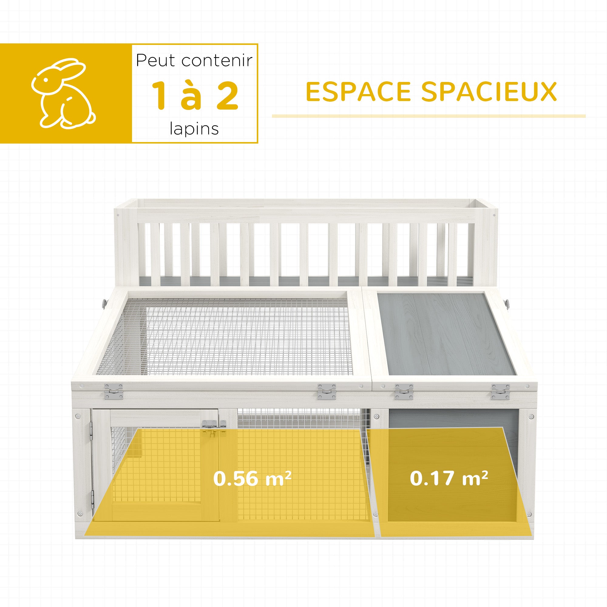 Rabbit Hutch, wooden rabbit cage with shelf for plants large wooden space, multiple doors - Dim. 94L x 90W x 60H cm - grey and white