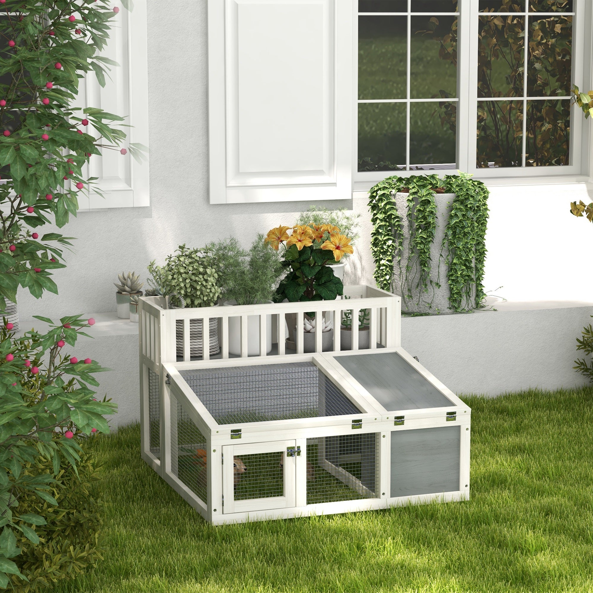 Rabbit Hutch, wooden rabbit cage with shelf for plants large wooden space, multiple doors - Dim. 94L x 90W x 60H cm - grey and white