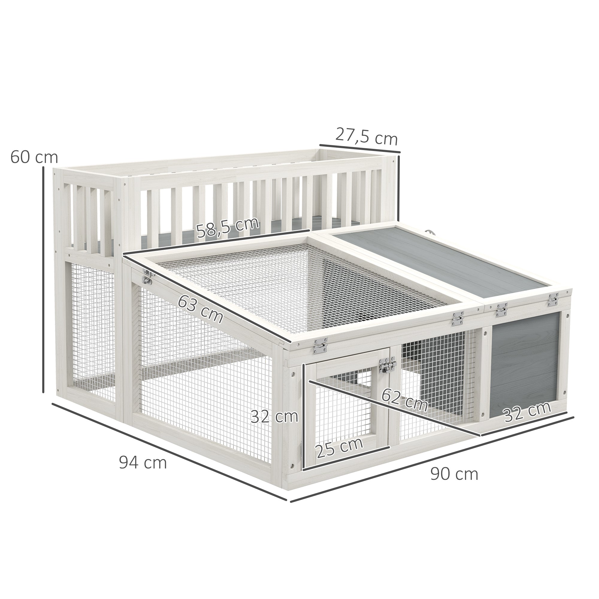 Rabbit Hutch, wooden rabbit cage with shelf for plants large wooden space, multiple doors - Dim. 94L x 90W x 60H cm - grey and white