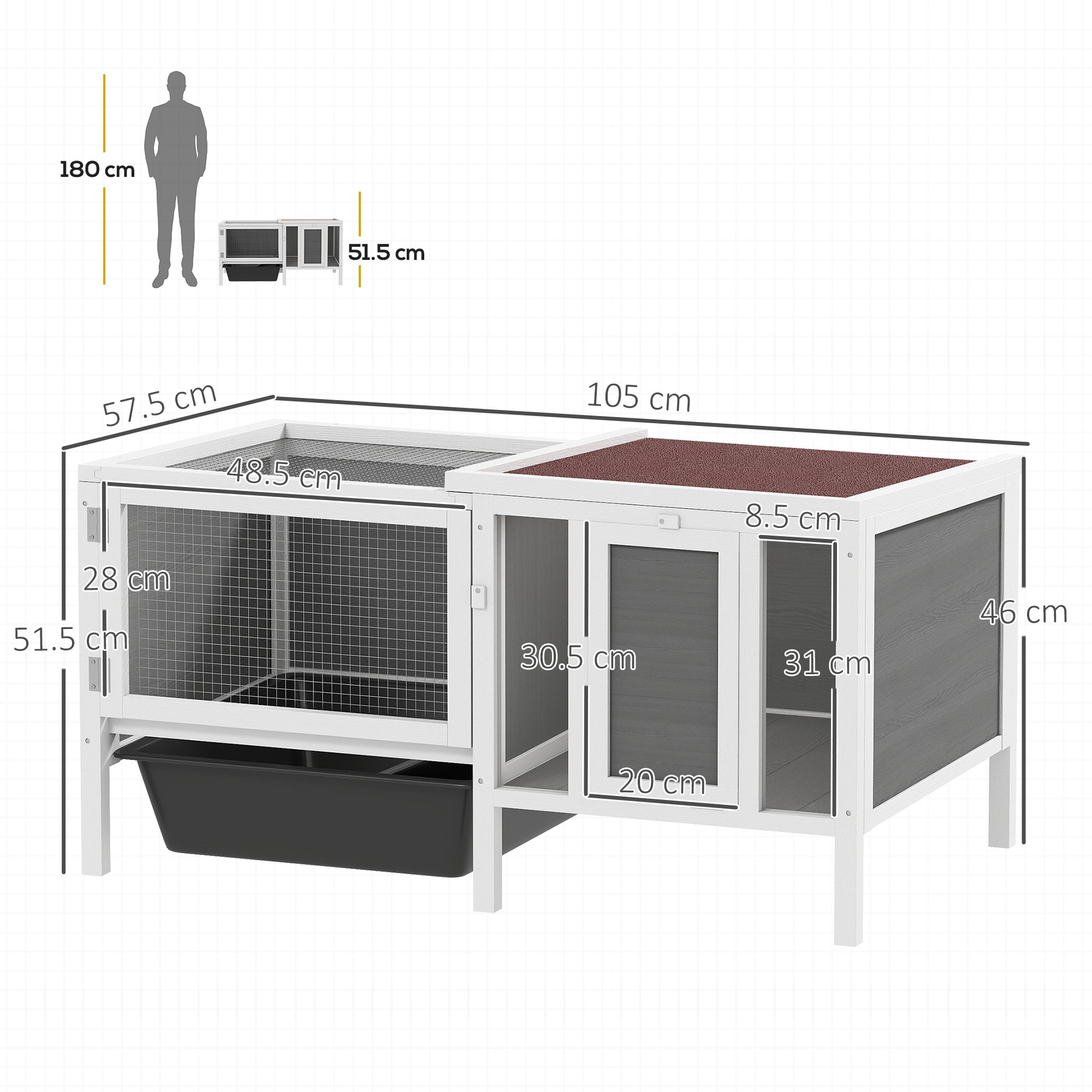 Outdoor Wooden Rabbit Hutch with House, Run & Pull-Out Tray — Spruce Wood, Metal, PET, Asphalt Roof, 105 x 57.5 x 51.5 cm (41.3 x 22.6 x 20.3 in), Multicolor