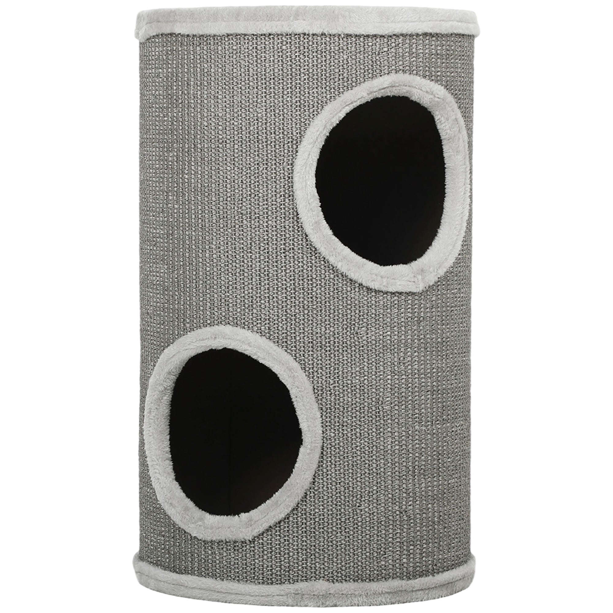 Barrel Cat Scratcher, 60 cm H x 35 cm Ø – Two-Level Cat Tower with 2 Hideouts, Plush-Edged Scratcher for 1–2 Cats up to 5 kg, Light Gray