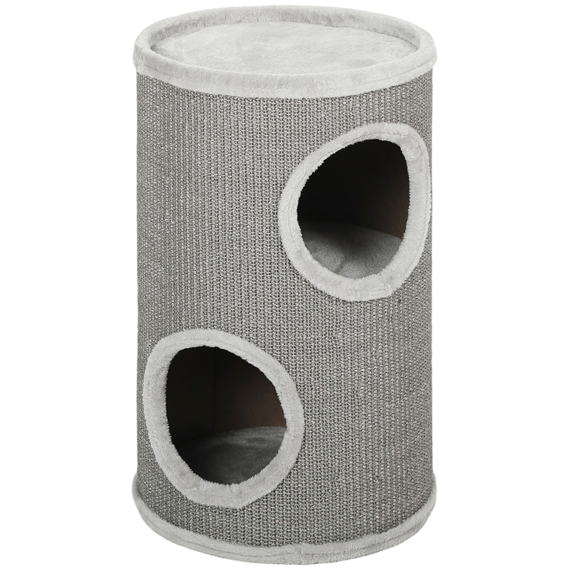 Barrel Cat Scratcher, 60 cm H x 35 cm Ø – Two-Level Cat Tower with 2 Hideouts, Plush-Edged Scratcher for 1–2 Cats up to 5 kg, Light Gray