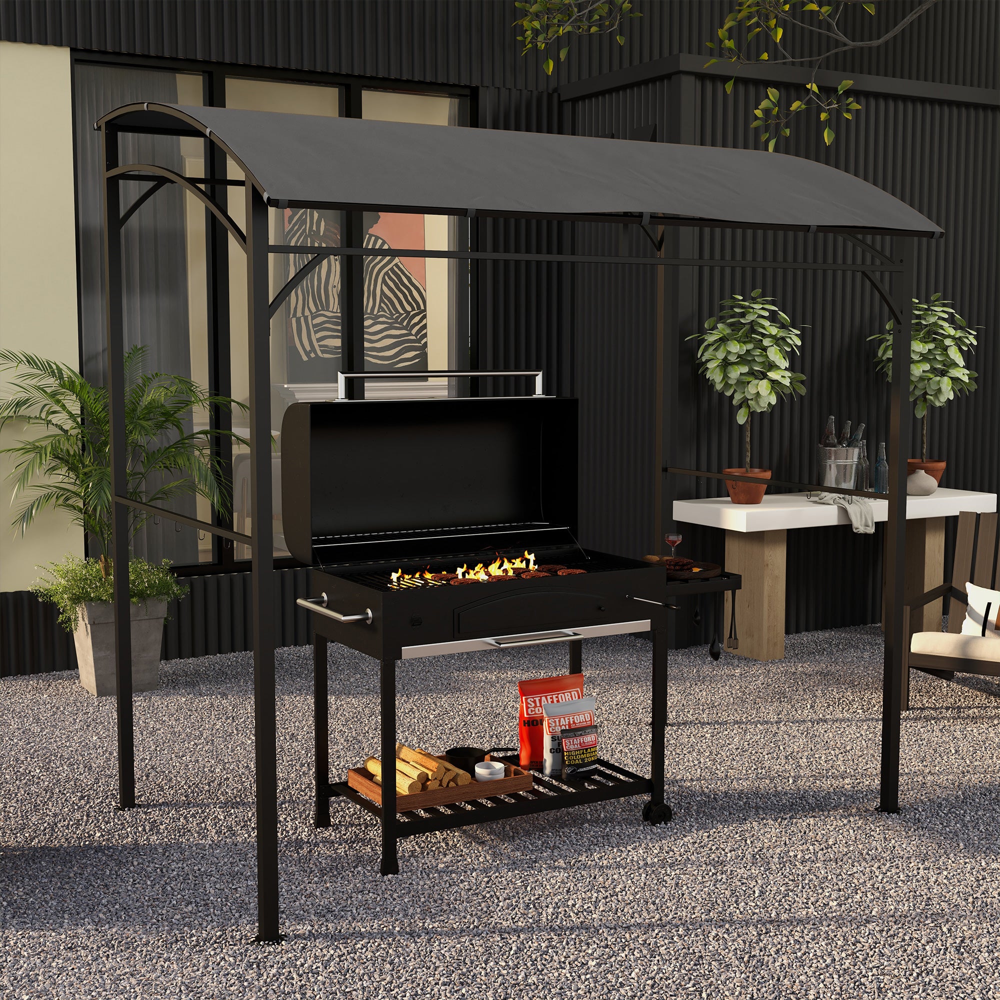 Grill Pavilion 215 x 150 x 220 cm Water-Resistant Garden Pavilion with Curved Roof, Garden Arbour with Hooks, BBQ Pavilion, Garden Tent Grill Tent Party Tent for Garden Party Picnic BBQ, Dark Gray