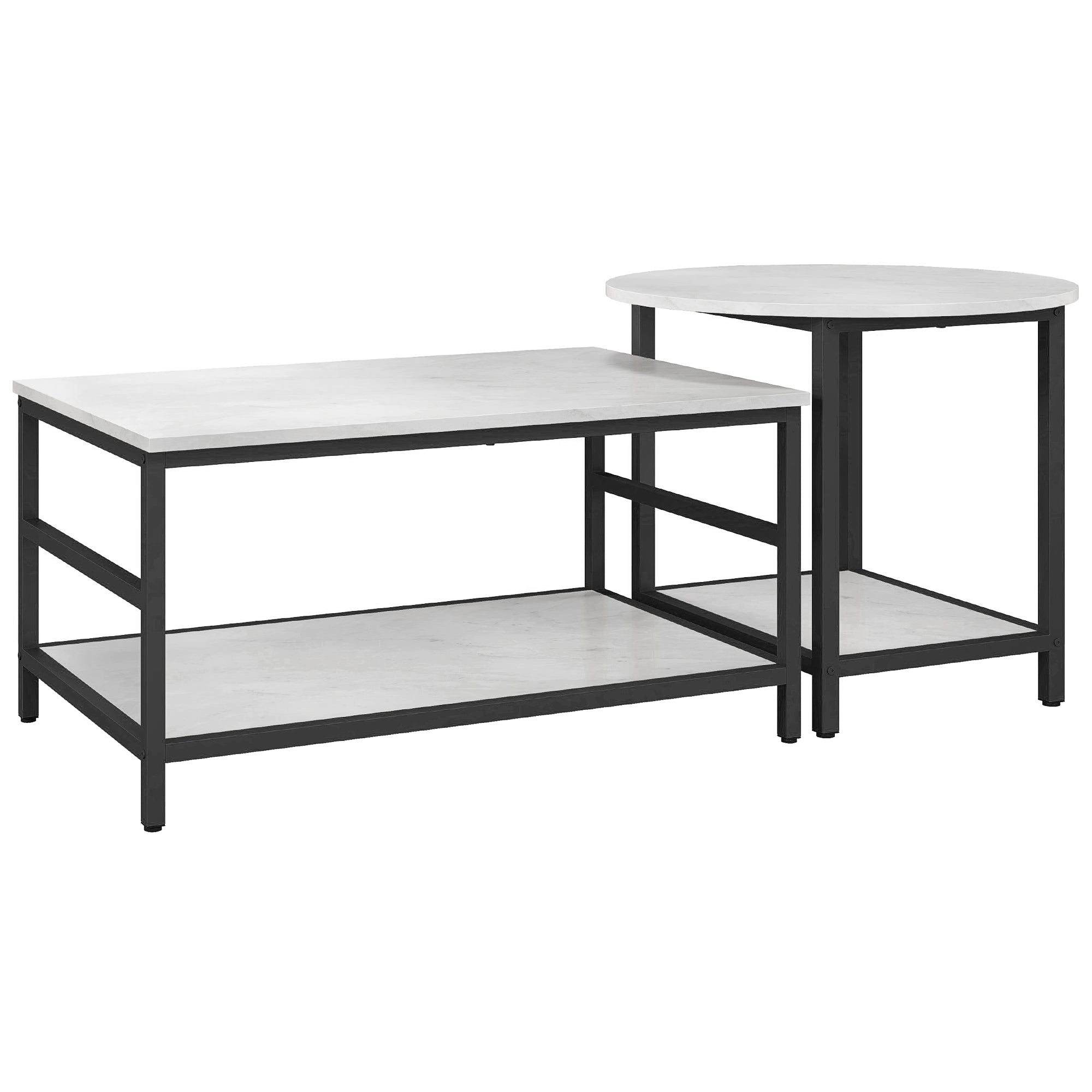 Coffee Table 2-Piece Set Side Table, End Table, Coffee Table, Sofa Table in Modern Design, Living Room Table with Marble Look, for Bedroom, Steel