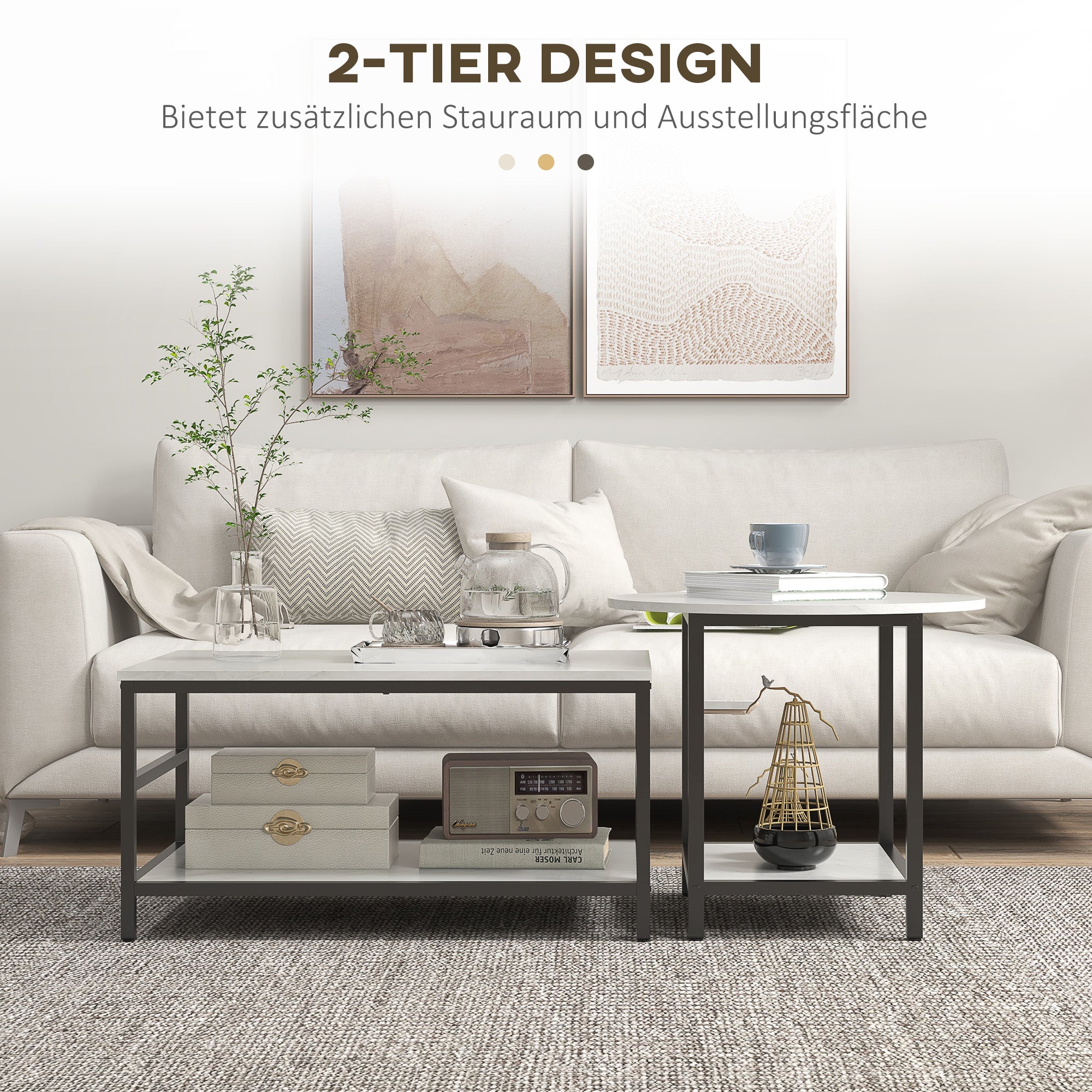 Coffee Table 2-Piece Set Side Table, End Table, Coffee Table, Sofa Table in Modern Design, Living Room Table with Marble Look, for Bedroom, Steel