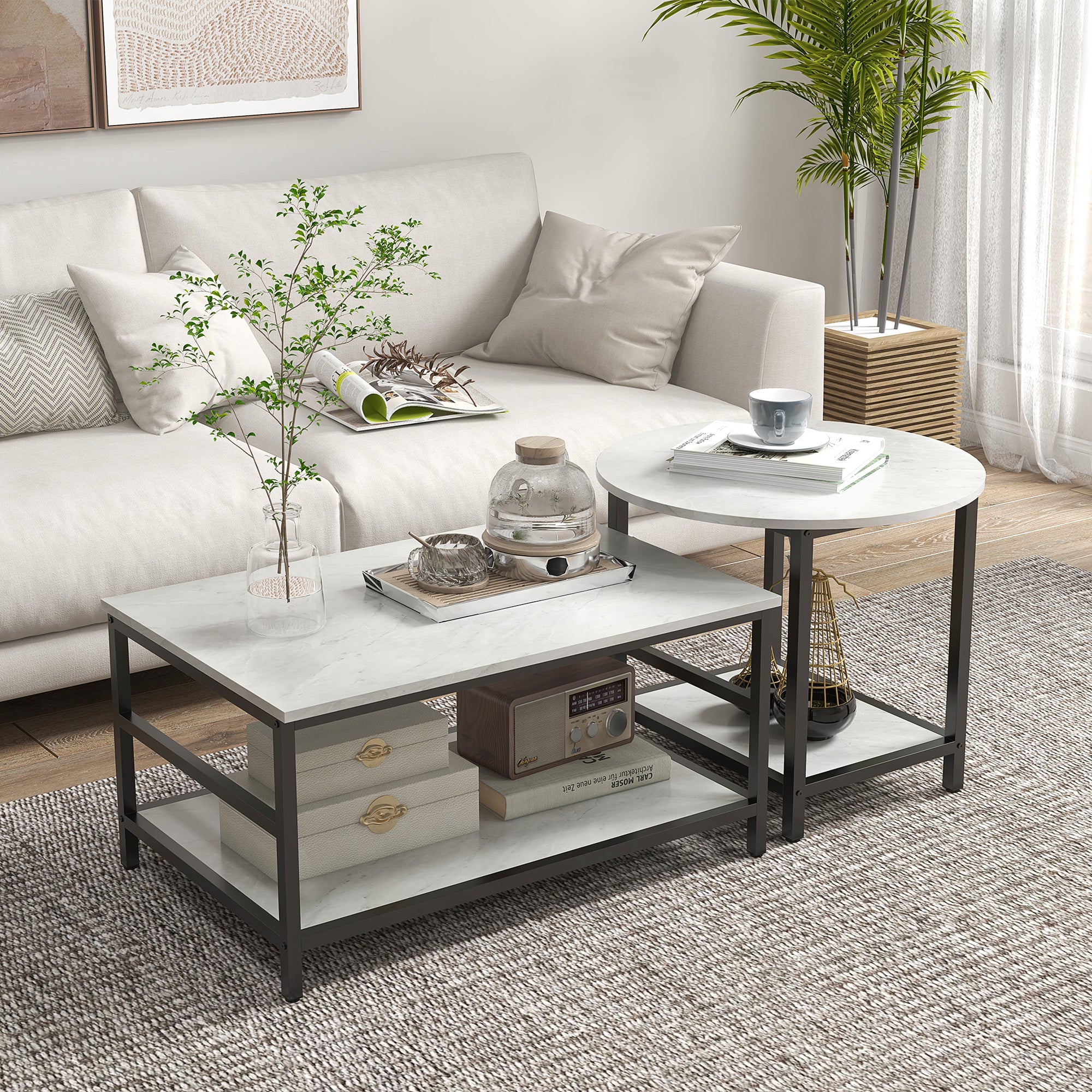 Coffee Table 2-Piece Set Side Table, End Table, Coffee Table, Sofa Table in Modern Design, Living Room Table with Marble Look, for Bedroom, Steel