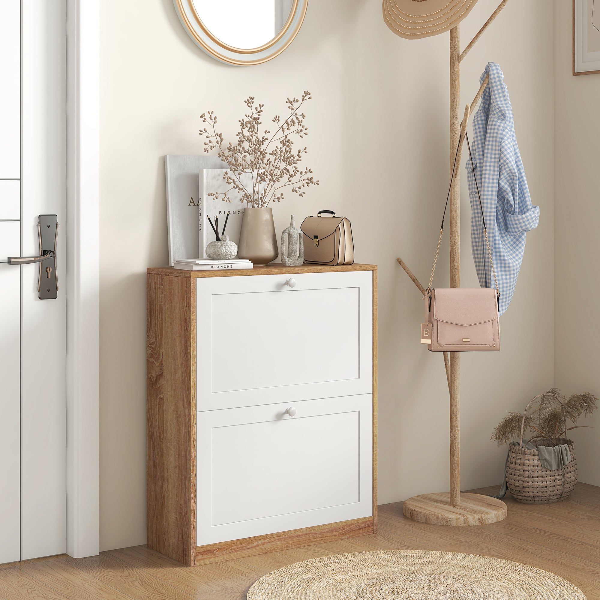 Slim Shoe Cabinet with 3 Adjustable Shelves at 2 Levels or Removable for 12 Pairs, Shoe Storage Cabinet in Chipboard and MDF Space Saver, 60x24.5x75.5 cm, White and Oak