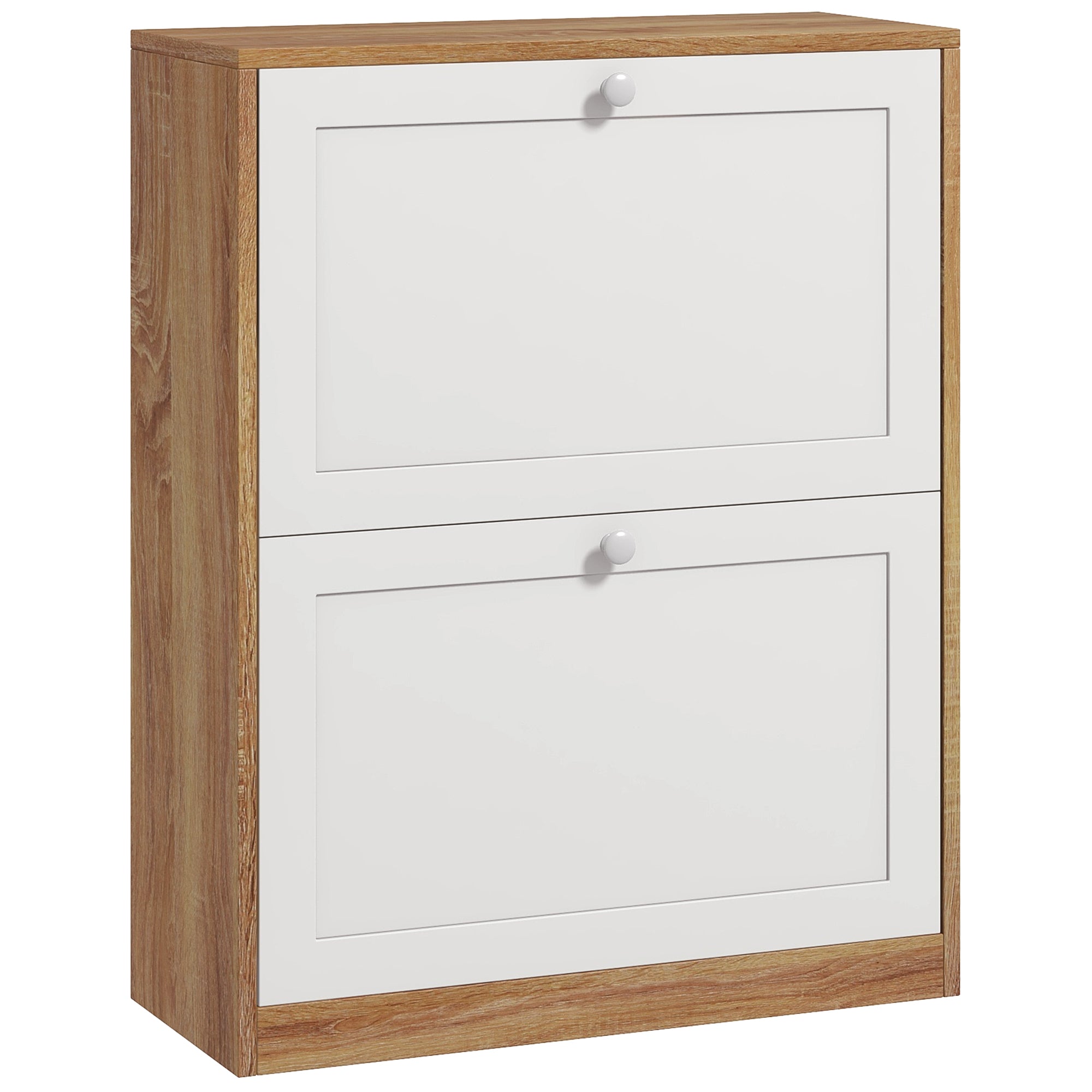 Slim Shoe Cabinet with 3 Adjustable Shelves at 2 Levels or Removable for 12 Pairs, Shoe Storage Cabinet in Chipboard and MDF Space Saver, 60x24.5x75.5 cm, White and Oak