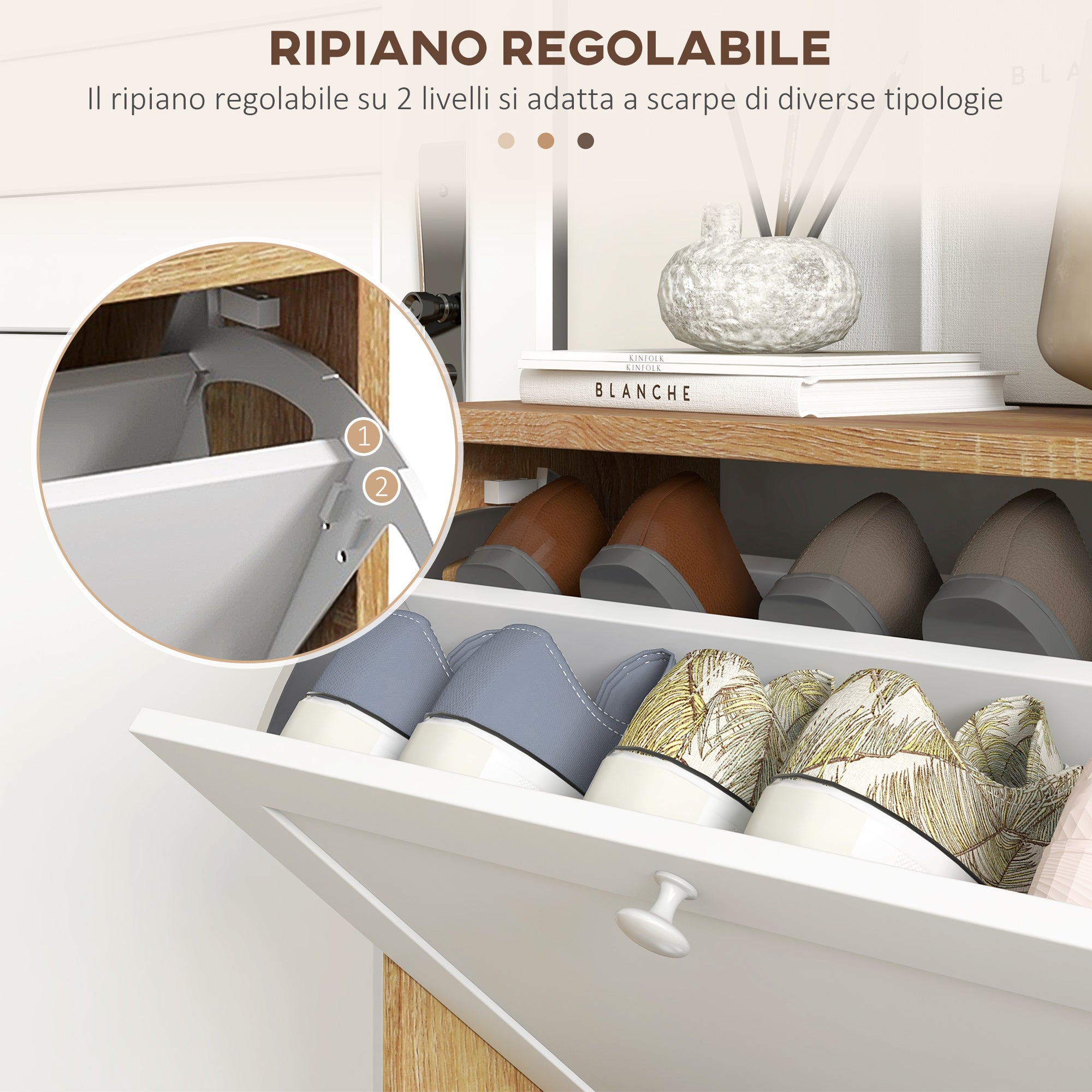 Slim Shoe Cabinet with 3 Adjustable Shelves at 2 Levels or Removable for 12 Pairs, Shoe Storage Cabinet in Chipboard and MDF Space Saver, 60x24.5x75.5 cm, White and Oak