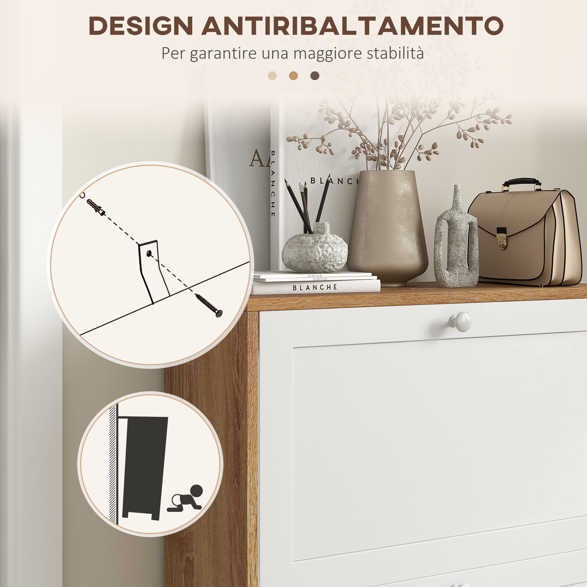 Slim Shoe Cabinet with 3 Adjustable Shelves at 2 Levels or Removable for 12 Pairs, Shoe Storage Cabinet in Chipboard and MDF Space Saver, 60x24.5x75.5 cm, White and Oak