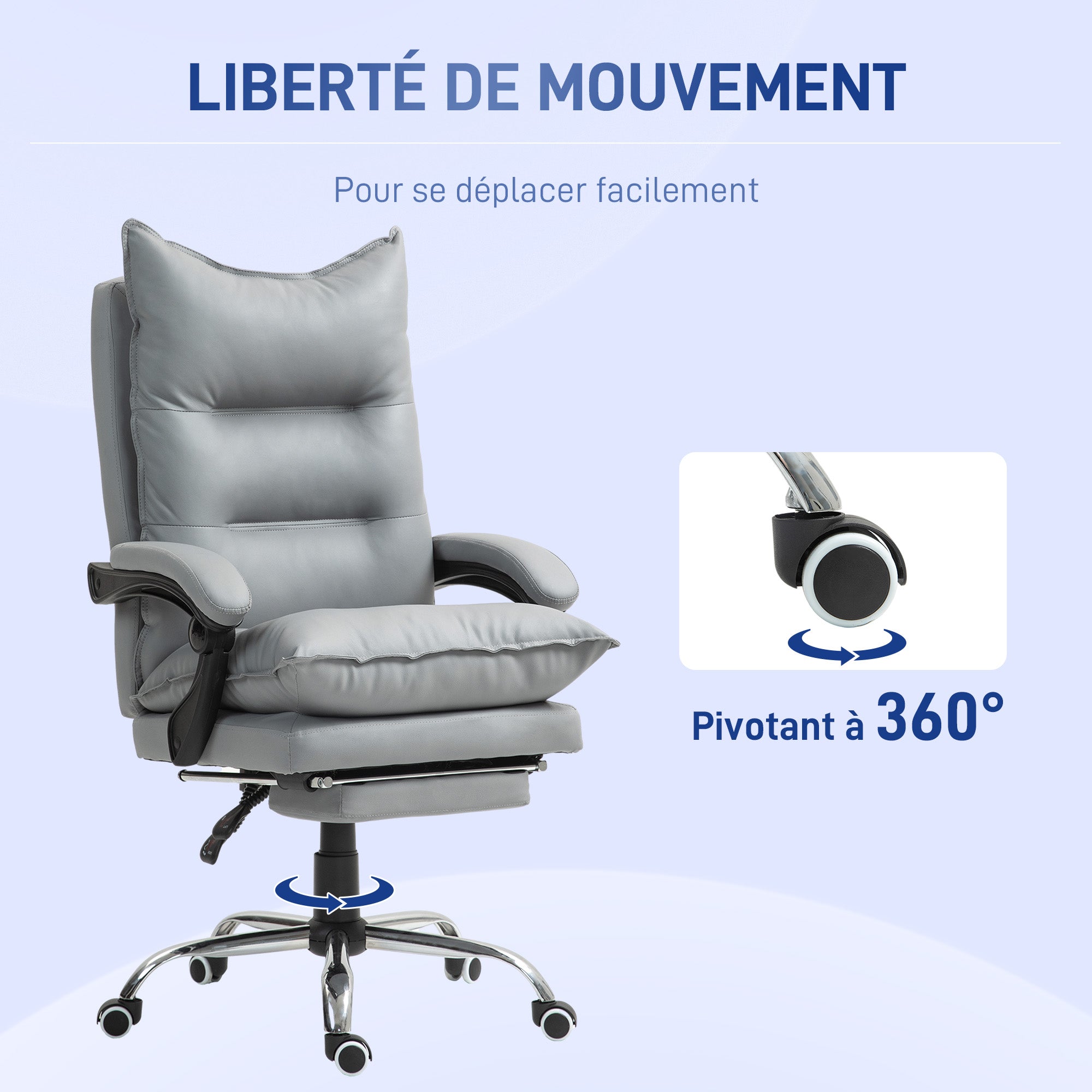 Office Chair, Ergonomic Desk Chair in Faux Leather with Wide Padded Seat, Reclining Backrest, Adjustable Height, Integrated Armrests and Footrest, 135 Kg Weight Capacity, Light Gray