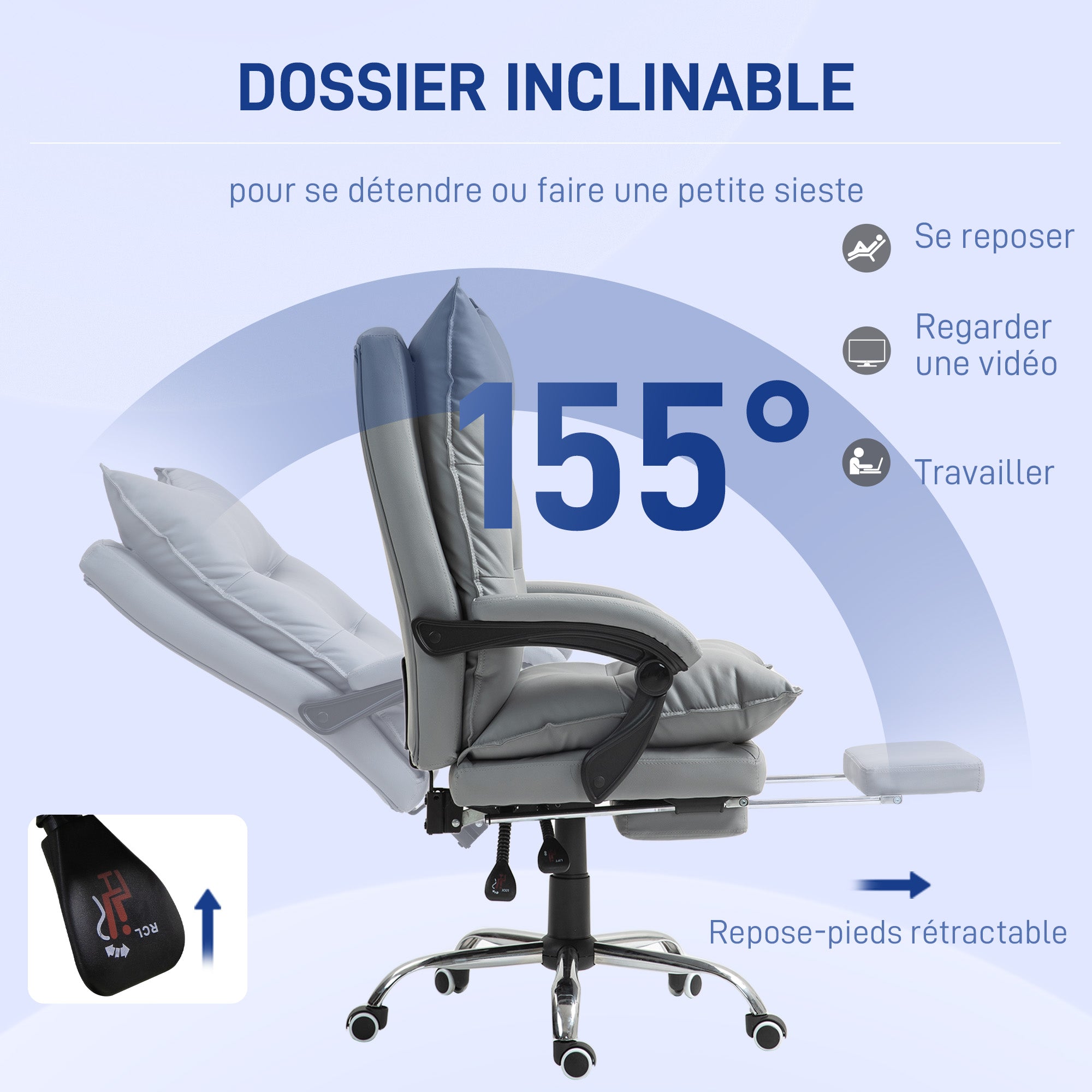 Office Chair, Ergonomic Desk Chair in Faux Leather with Wide Padded Seat, Reclining Backrest, Adjustable Height, Integrated Armrests and Footrest, 135 Kg Weight Capacity, Light Gray