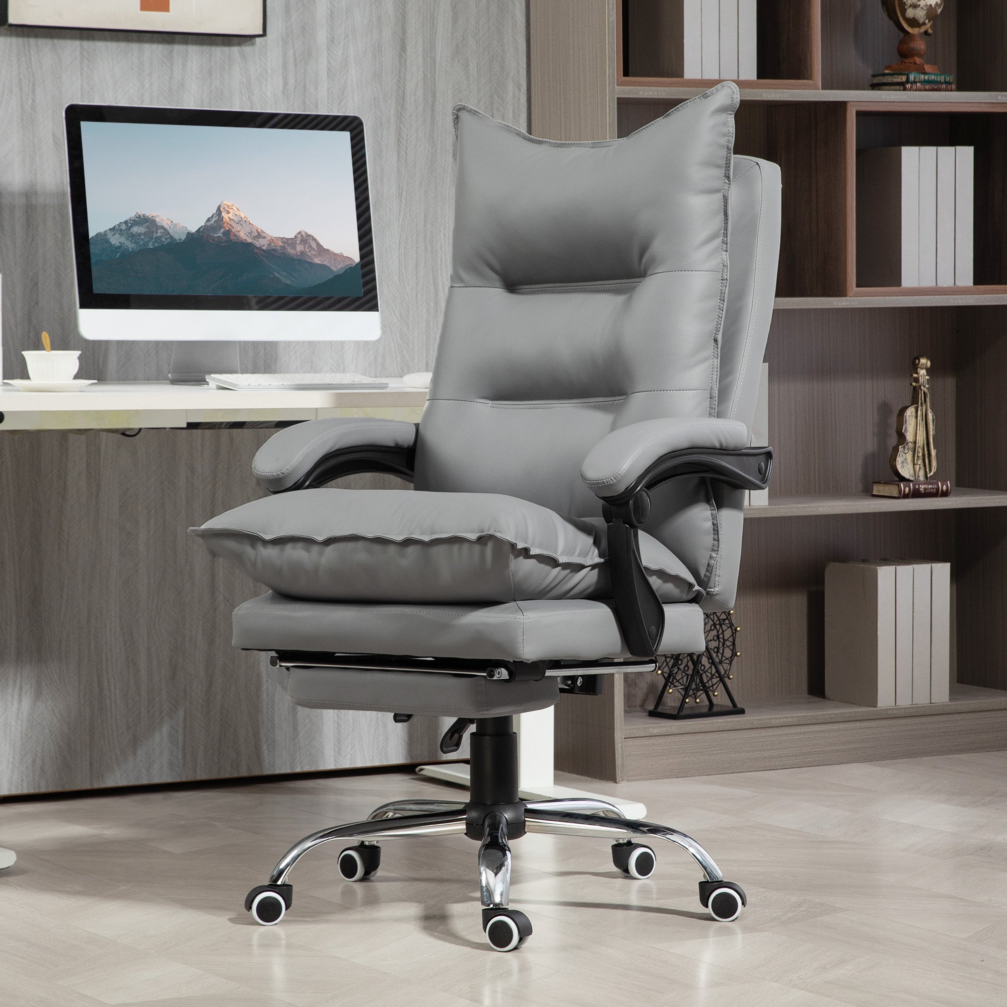 Office Chair, Ergonomic Desk Chair in Faux Leather with Wide Padded Seat, Reclining Backrest, Adjustable Height, Integrated Armrests and Footrest, 135 Kg Weight Capacity, Light Gray