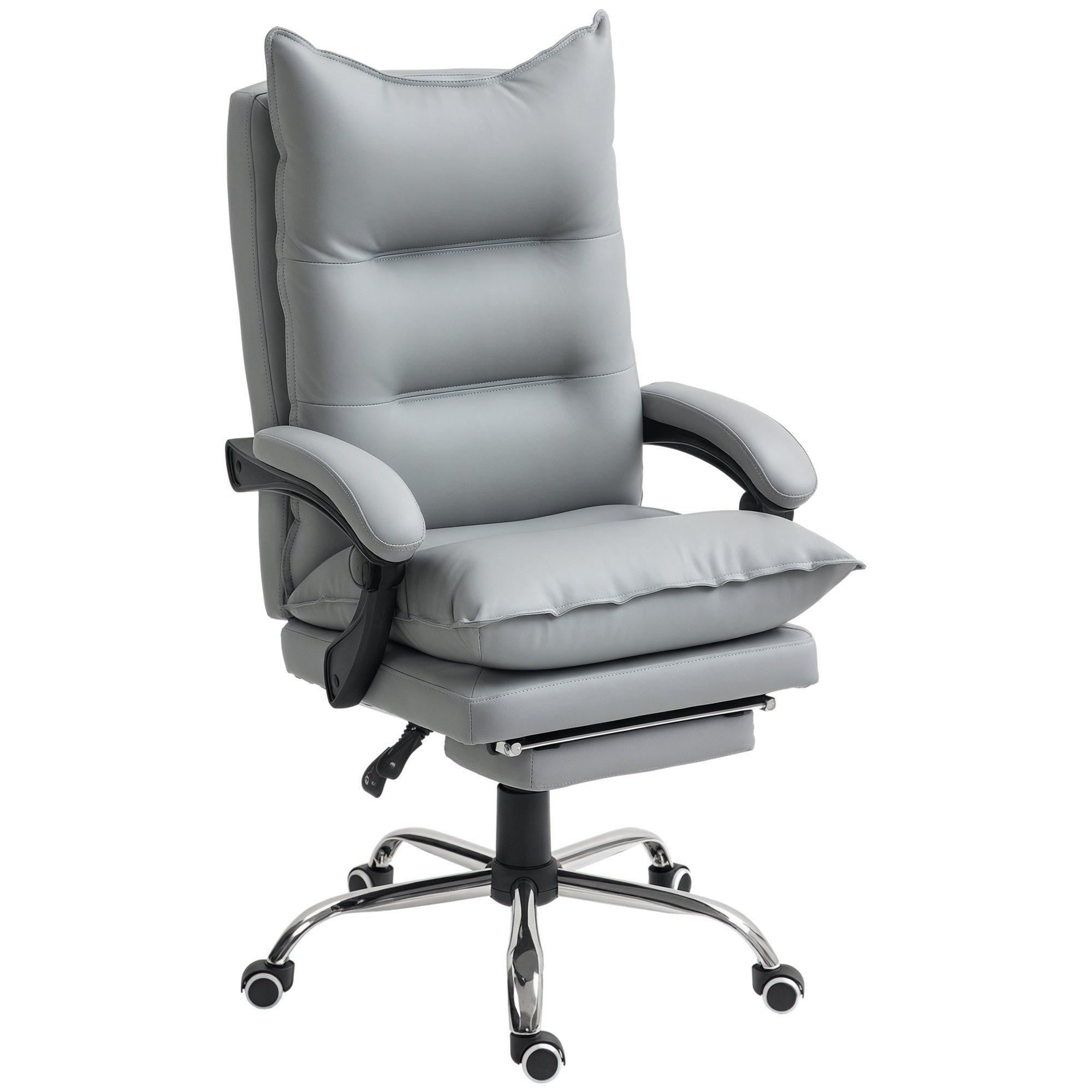 Office Chair, Ergonomic Desk Chair in Faux Leather with Wide Padded Seat, Reclining Backrest, Adjustable Height, Integrated Armrests and Footrest, 135 Kg Weight Capacity, Light Gray