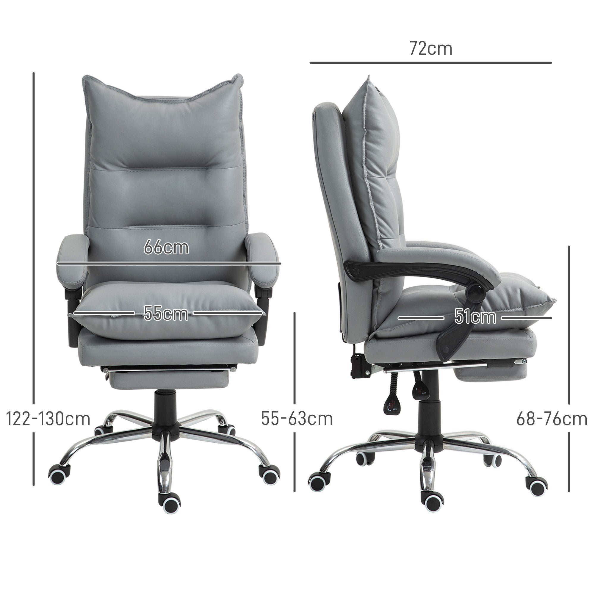 Office Chair, Ergonomic Desk Chair in Faux Leather with Wide Padded Seat, Reclining Backrest, Adjustable Height, Integrated Armrests and Footrest, 135 Kg Weight Capacity, Light Gray