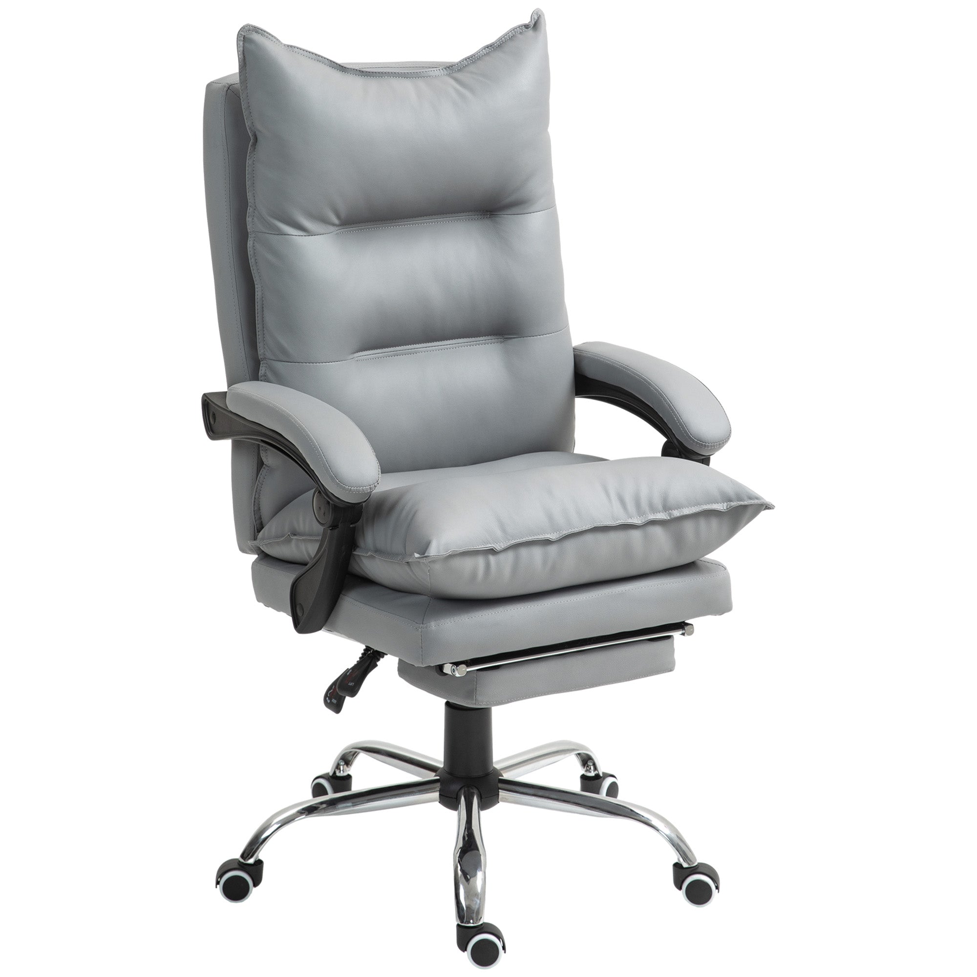 Office Chair, Ergonomic Desk Chair in Faux Leather with Wide Padded Seat, Reclining Backrest, Adjustable Height, Integrated Armrests and Footrest, 135 Kg Weight Capacity, Light Gray