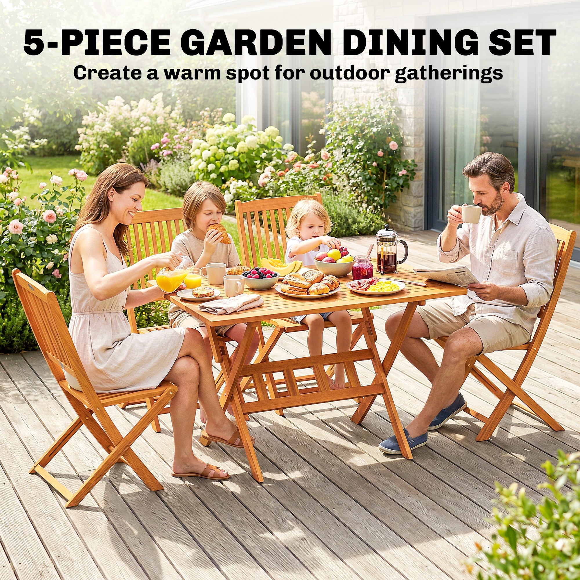 5-Piece Folding Acacia Wood Garden Dining Set – FSC-Certified, Slatted Table + 4 Foldable Chairs, Weather-Resistant (Natural)