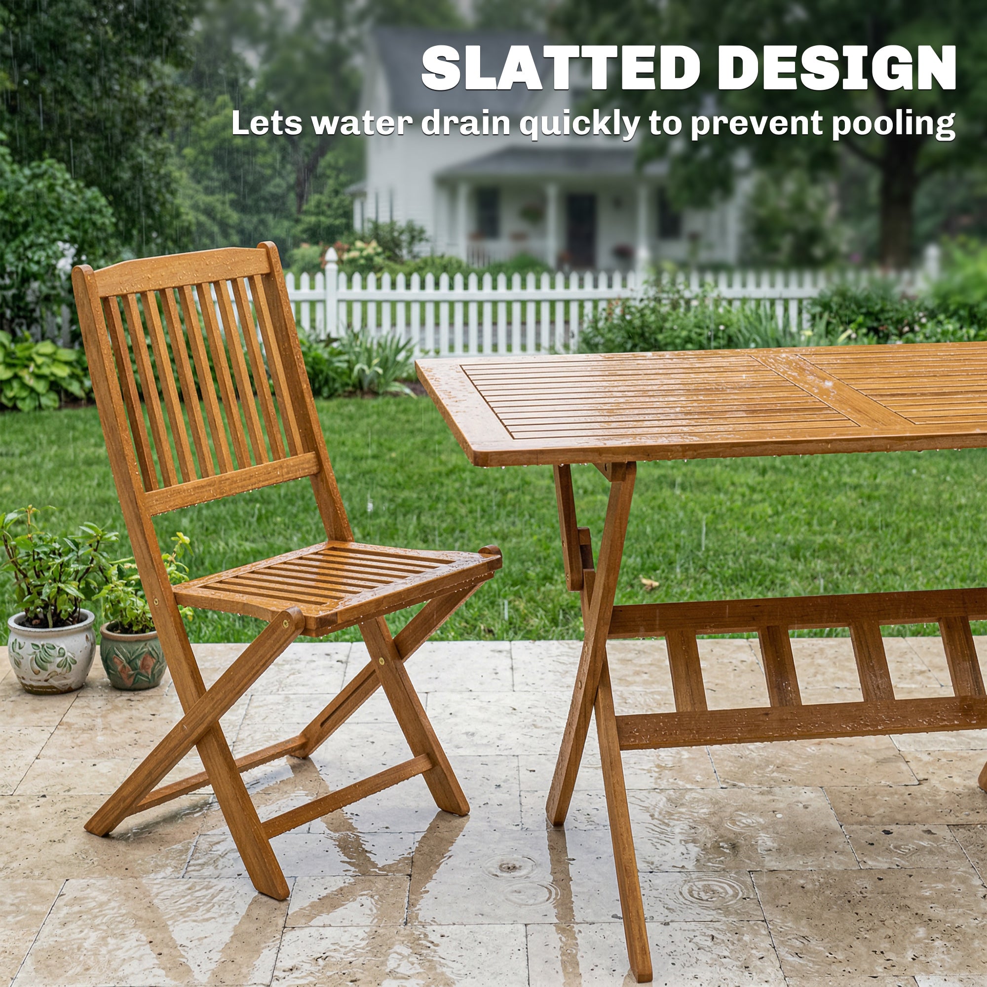5-Piece Folding Acacia Wood Garden Dining Set – FSC-Certified, Slatted Table + 4 Foldable Chairs, Weather-Resistant (Natural)