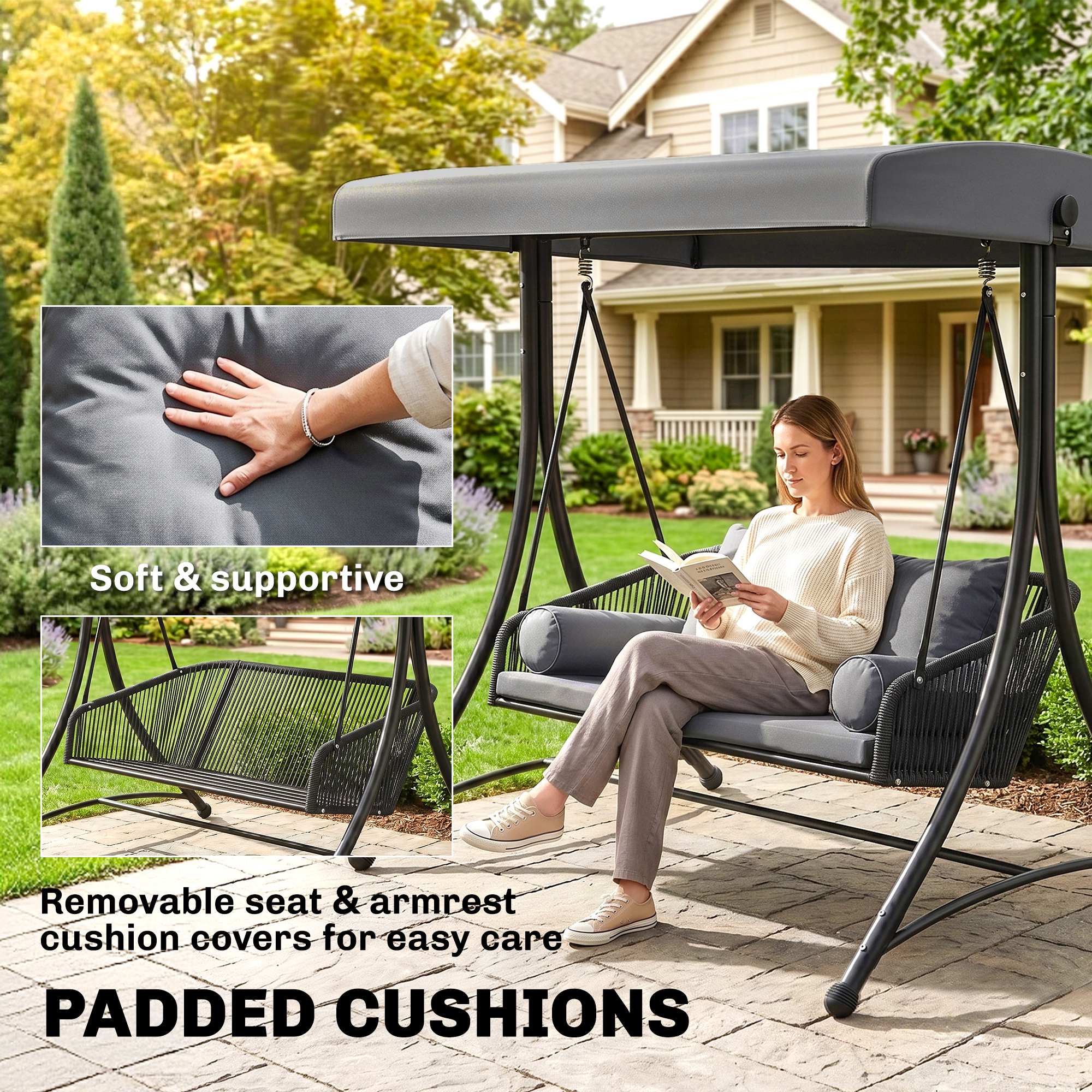 Rattan Hollywood Swing — 2-Seater Patio Bench with Adjustable Canopy & Cushions, A-Frame, Supports 529 lb, 70.1 x 47.2 x 67.7 in (Dark Gray)