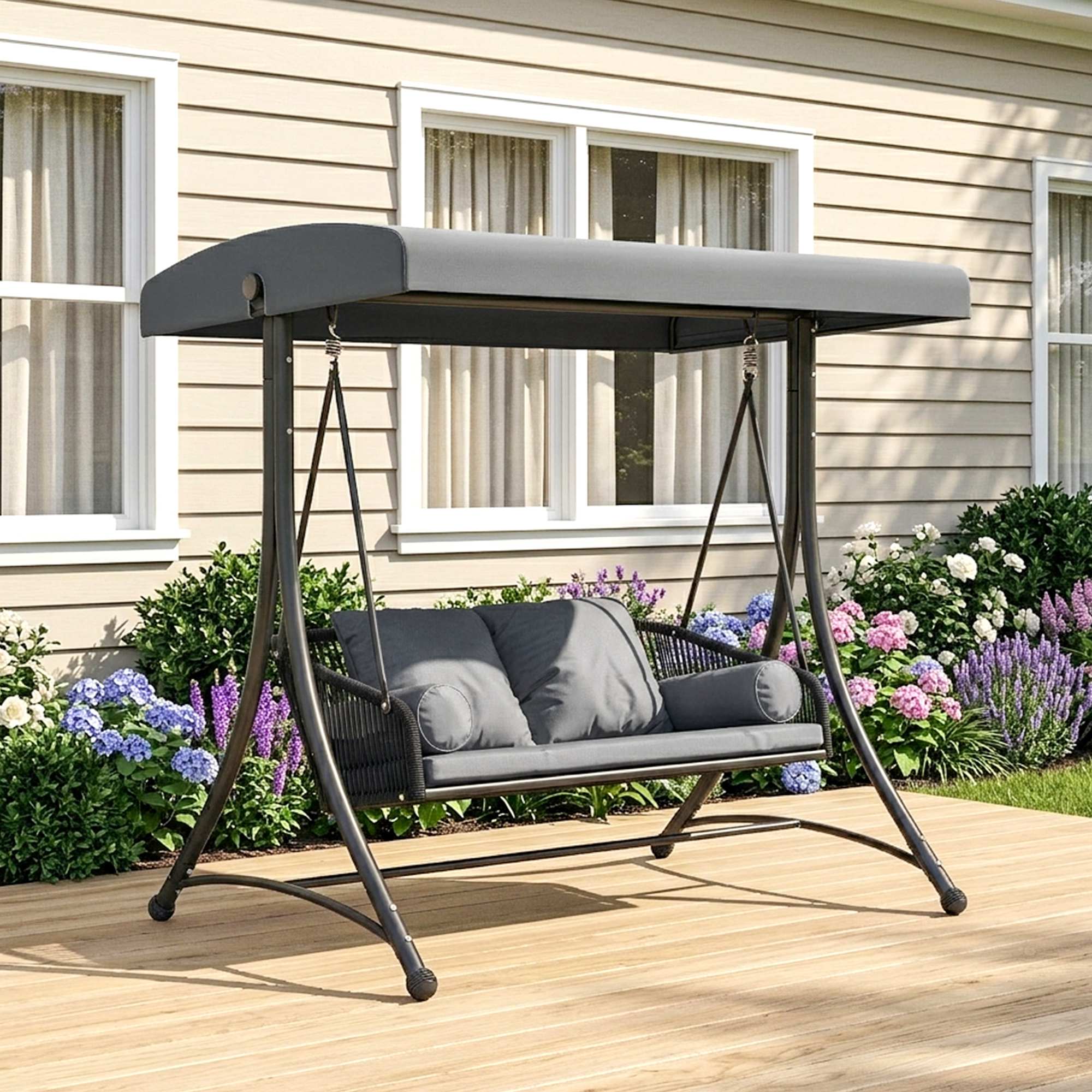 Rattan Hollywood Swing — 2-Seater Patio Bench with Adjustable Canopy & Cushions, A-Frame, Supports 529 lb, 70.1 x 47.2 x 67.7 in (Dark Gray)