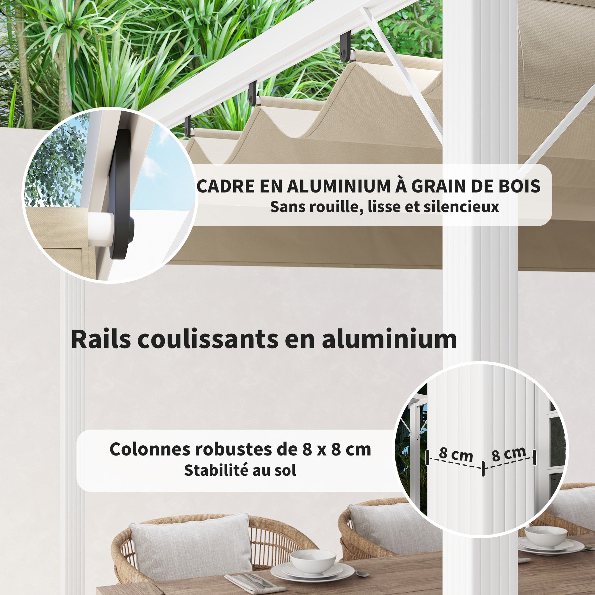 Outdoor Aluminum Garden Pergola 3 x 4m Retractable Sliding Pavilion, Garden Gazebo, High-density 180g/m² Polyester Canopy, Sun Protection UPF30+, for Patio, Yard, White