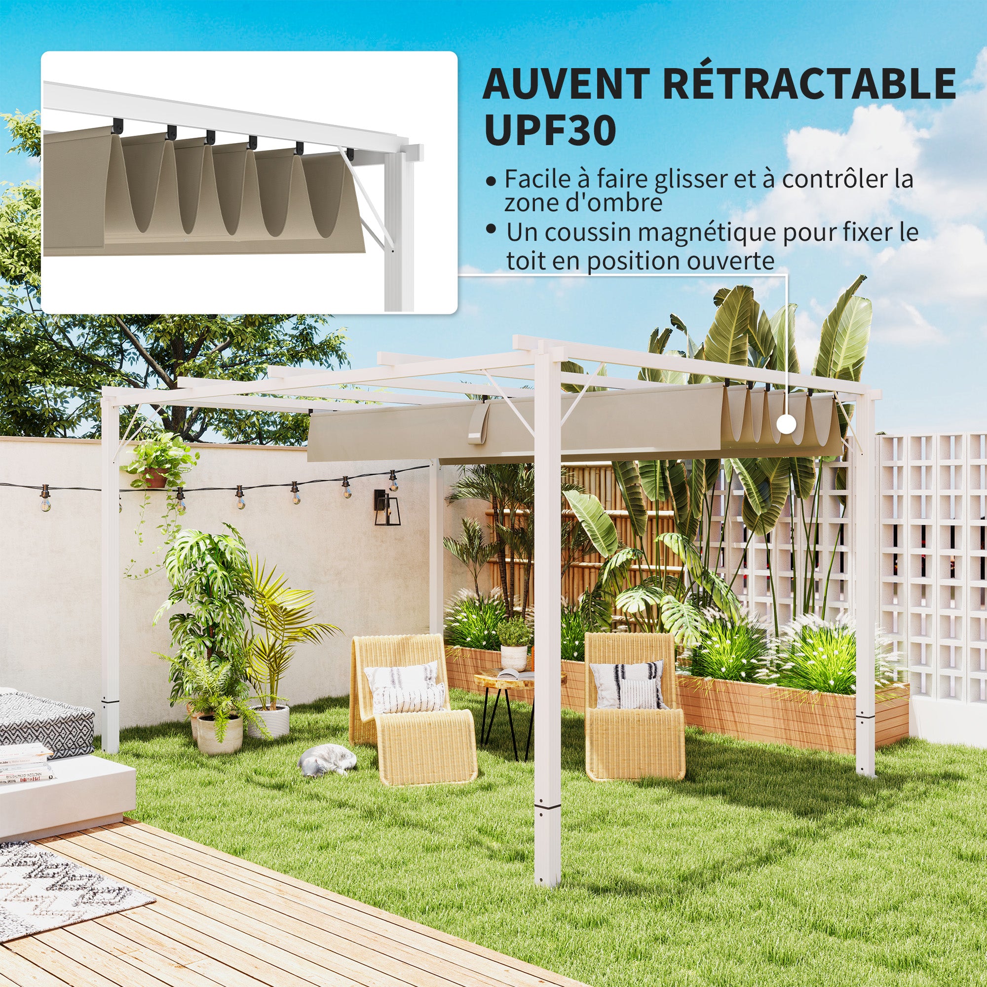 Outdoor Aluminum Garden Pergola 3 x 4m Retractable Sliding Pavilion, Garden Gazebo, High-density 180g/m² Polyester Canopy, Sun Protection UPF30+, for Patio, Yard, White