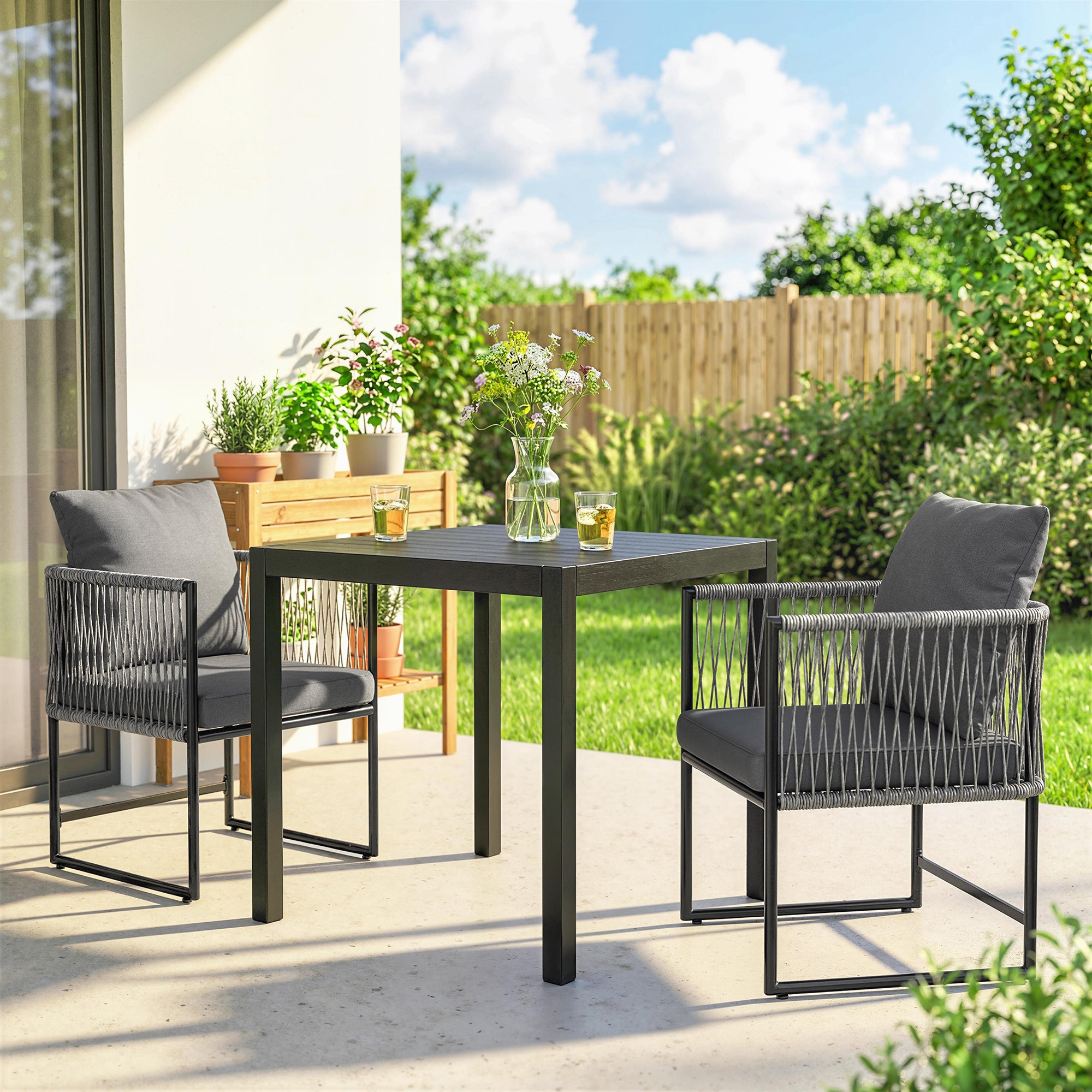 2-Pack Weatherproof Garden Chairs — Steel Frame PE Rattan Patio Chairs with Cushions, Armrests & Backrests, Up to 265 lb Capacity, Dark Gray