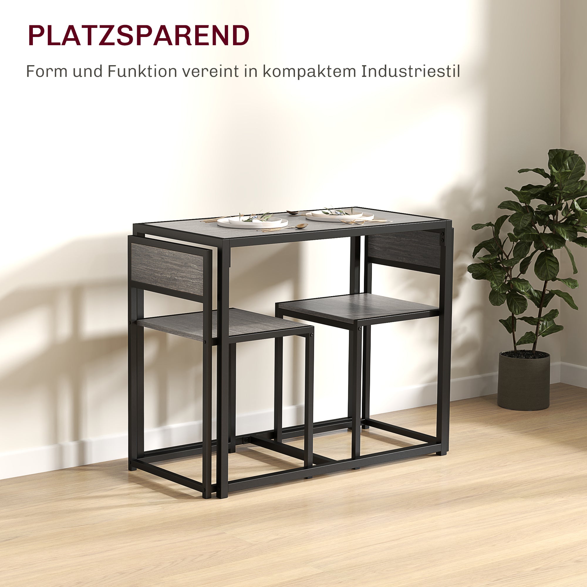 Space-Saving 3-Piece Dining Set — Rectangular Table with 2 Chairs, Gray