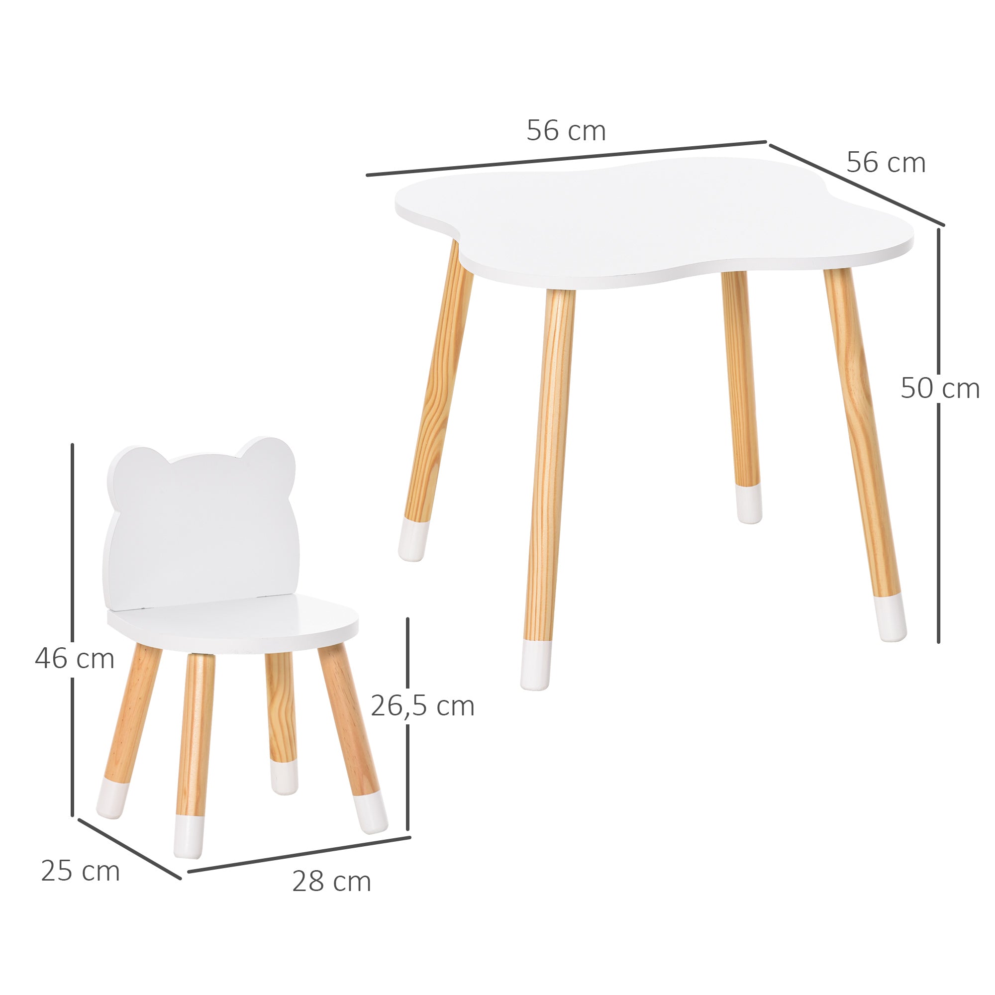 Kids Table and 2 Chairs Set Wooden Furniture for Playroom and Children's Bedroom Table 56x56x50 cm and Chairs 28x25x46 cm Natural and White