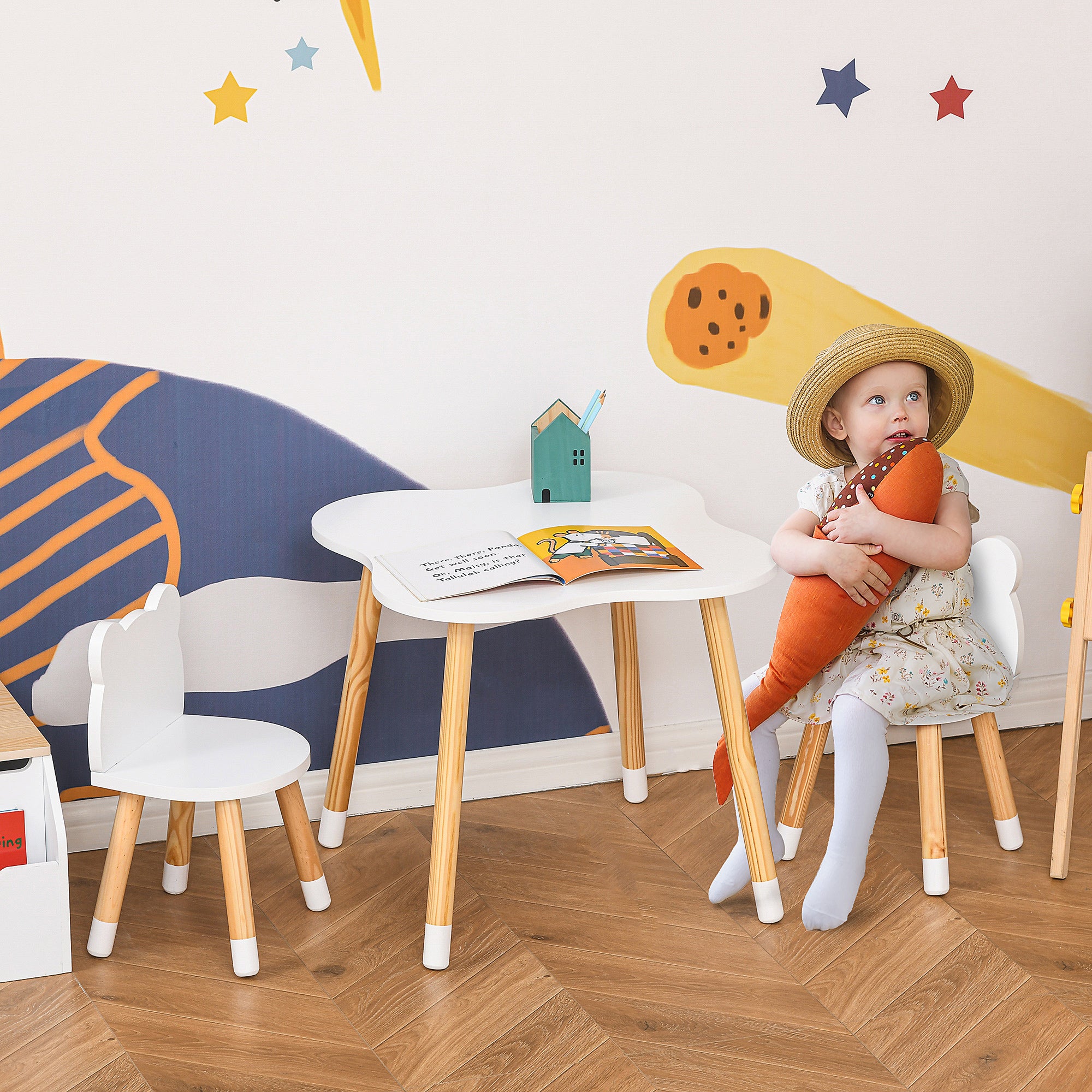 Kids Table and 2 Chairs Set Wooden Furniture for Playroom and Children's Bedroom Table 56x56x50 cm and Chairs 28x25x46 cm Natural and White