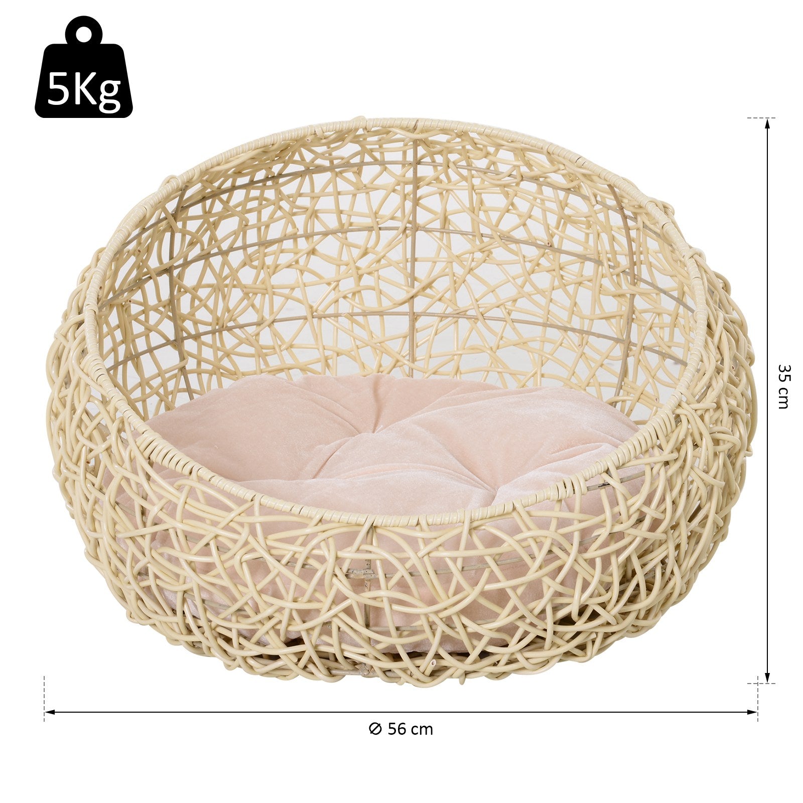 Cat Bed made of Rattan Cat Cave with Cushion Cat Basket Dog Bed Cat Resting Place Dog House Pet Bed for Cats Dogs Beige Ø56 x 35 cm
