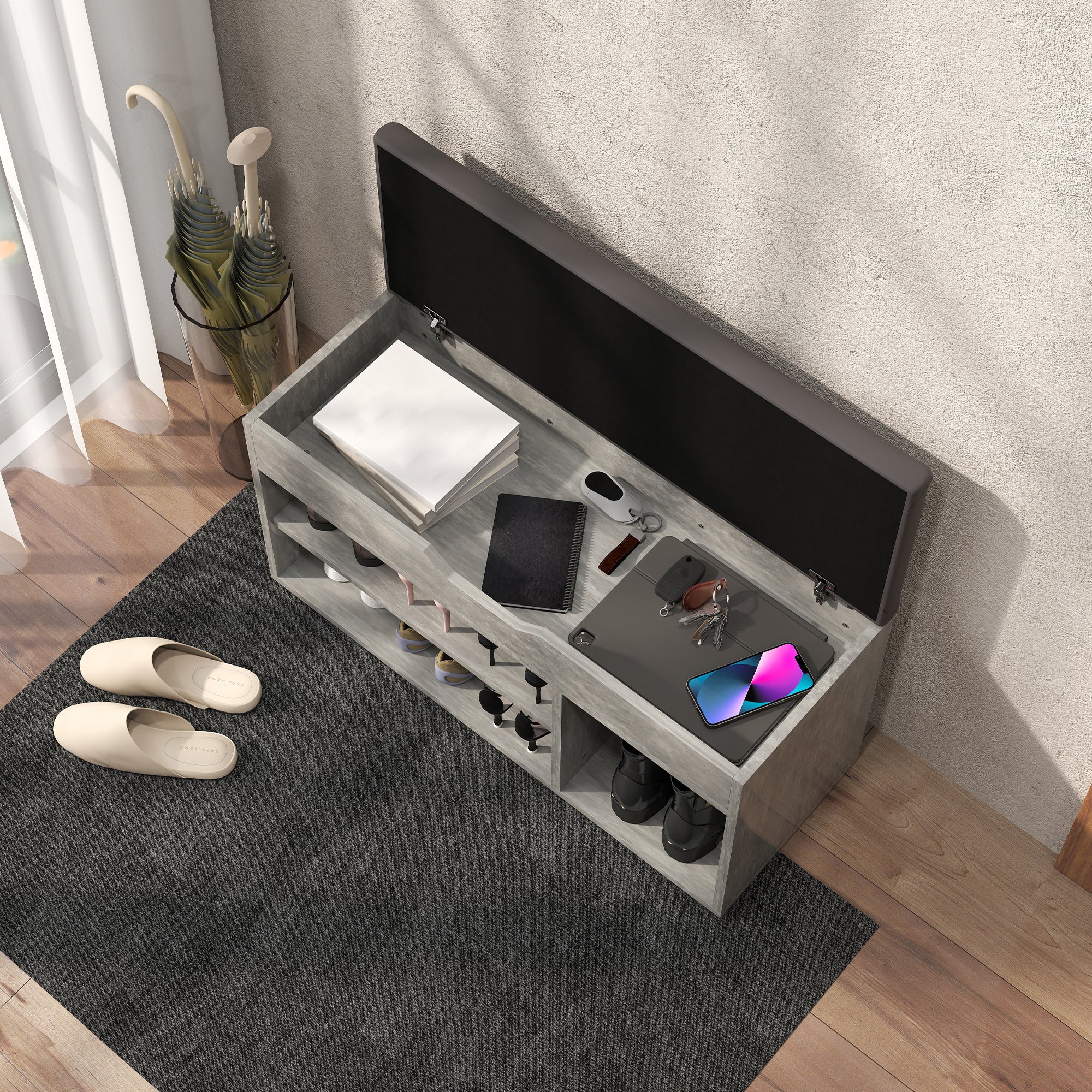 Padded Entryway Space-saving Shoe Rack, Entryway Furniture with Shoe Rack, with 3 Compartments, PU Leather Seat, for Living Room and Hallway, 80x30x43 cm, Black and Gray