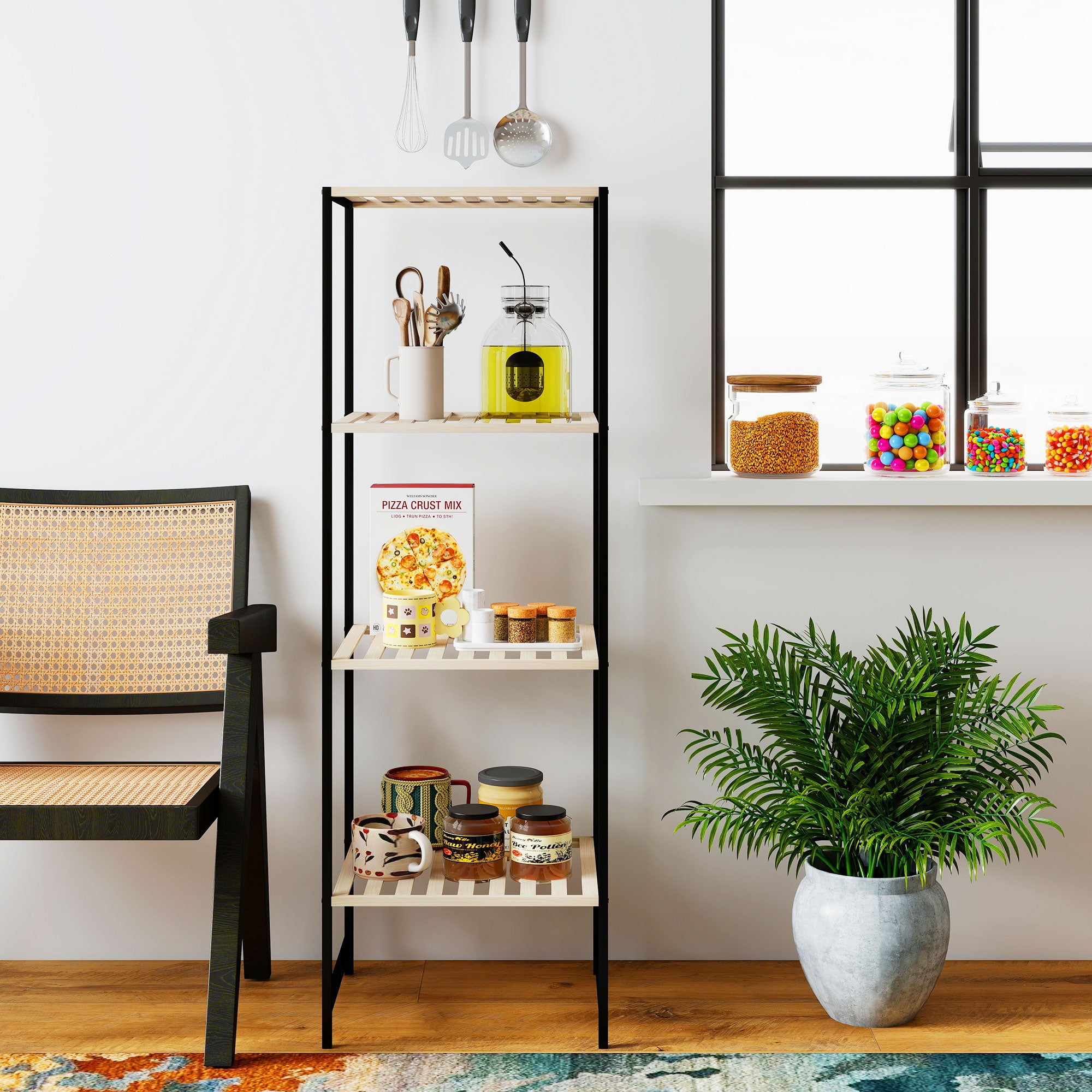 Bamboo & Steel 4-Tier Standing Shelf for Kitchen, Bathroom, Living Room & Hallway — 14.4 x 13 x 43.3 in, Natural