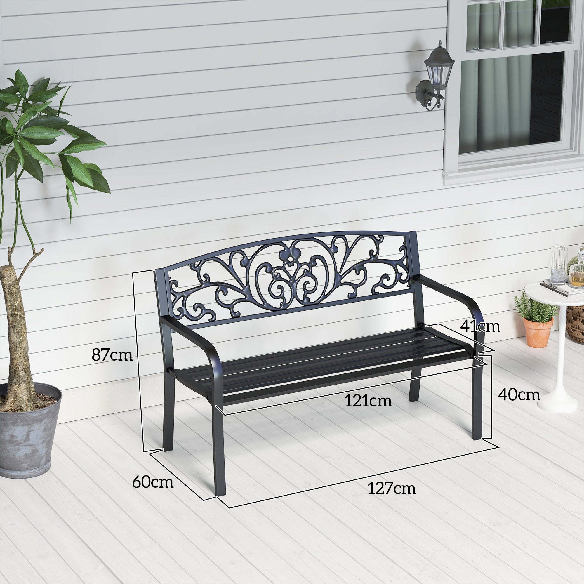 Metal Garden Bench, Park Bench with Backrest, Armrest, Weatherproof Bench, 2 Seater Balcony Bench, Supports up to 250 kg for Balcony, Terrace, Black