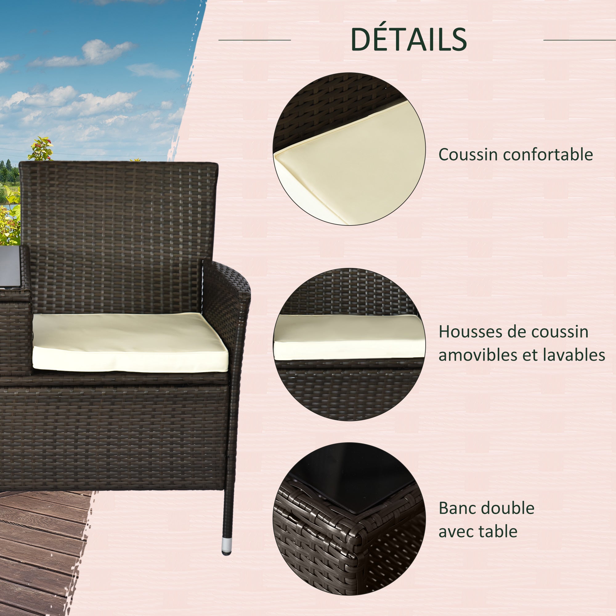 Contemporary Design Garden Bench 133L x 63W x 84H cm Double Bench with Seat Cushions + Integrated Table Woven Resin Rattan Chocolate Polyester Cream