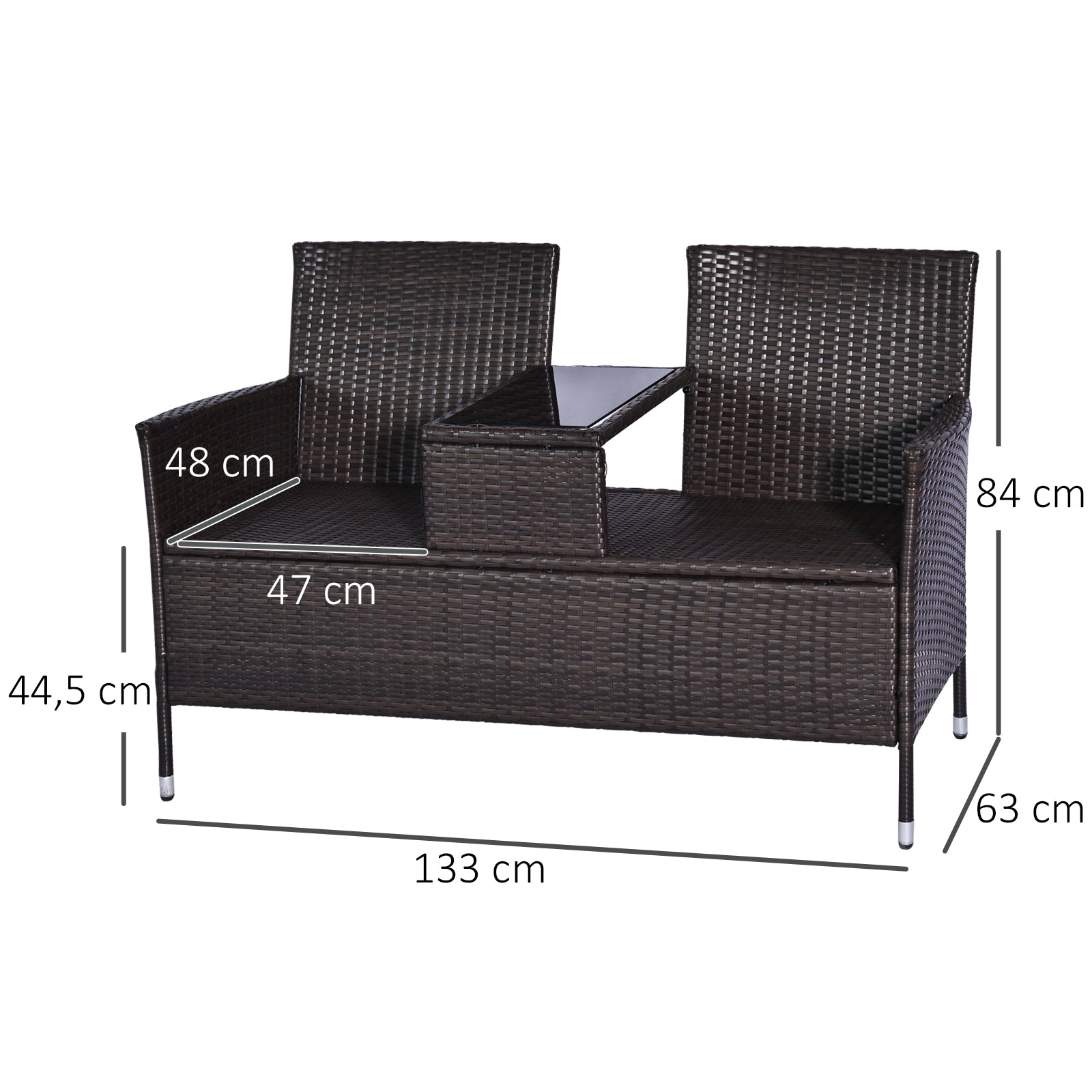 Contemporary Design Garden Bench 133L x 63W x 84H cm Double Bench with Seat Cushions + Integrated Table Woven Resin Rattan Chocolate Polyester Cream