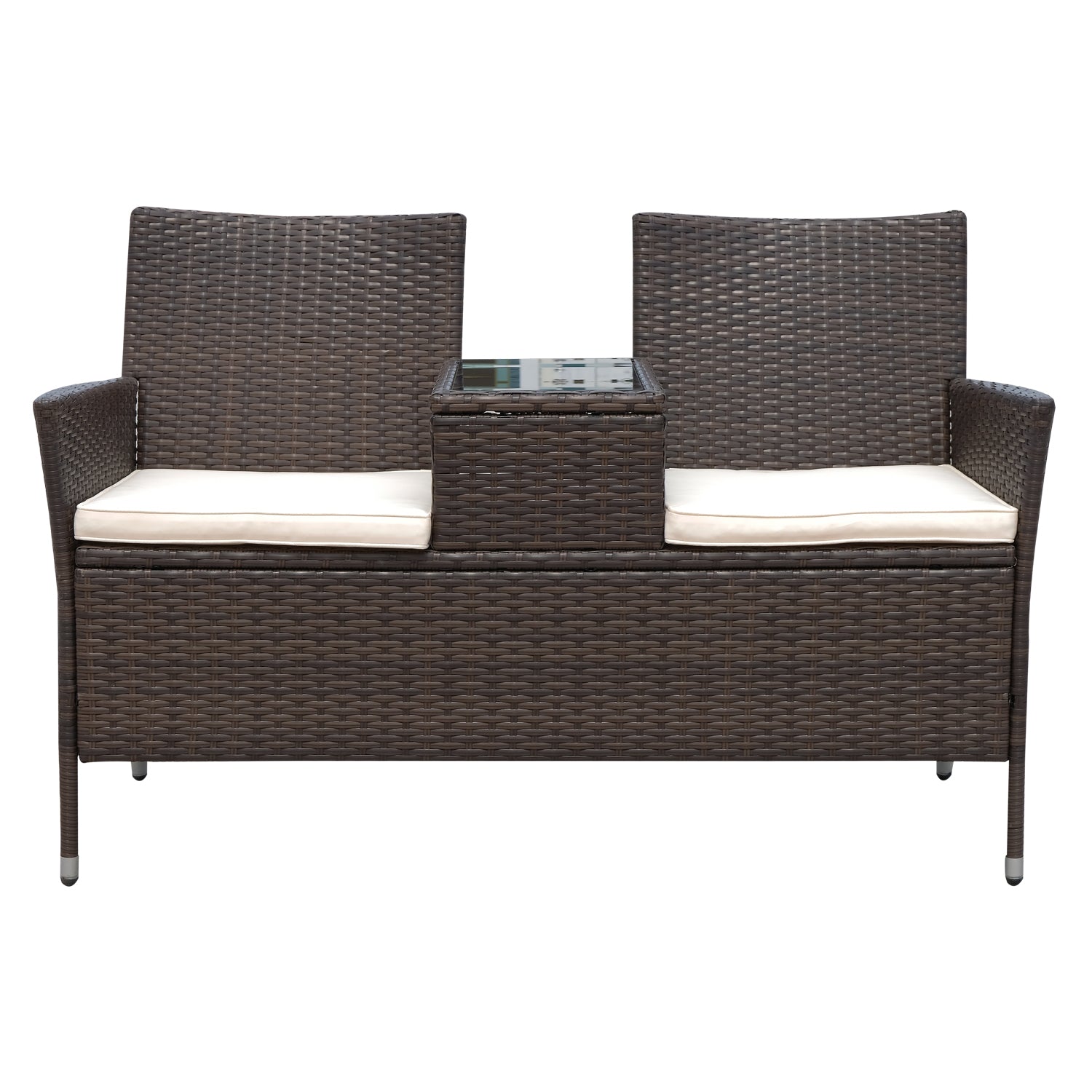 Contemporary Design Garden Bench 133L x 63W x 84H cm Double Bench with Seat Cushions + Integrated Table Woven Resin Rattan Chocolate Polyester Cream