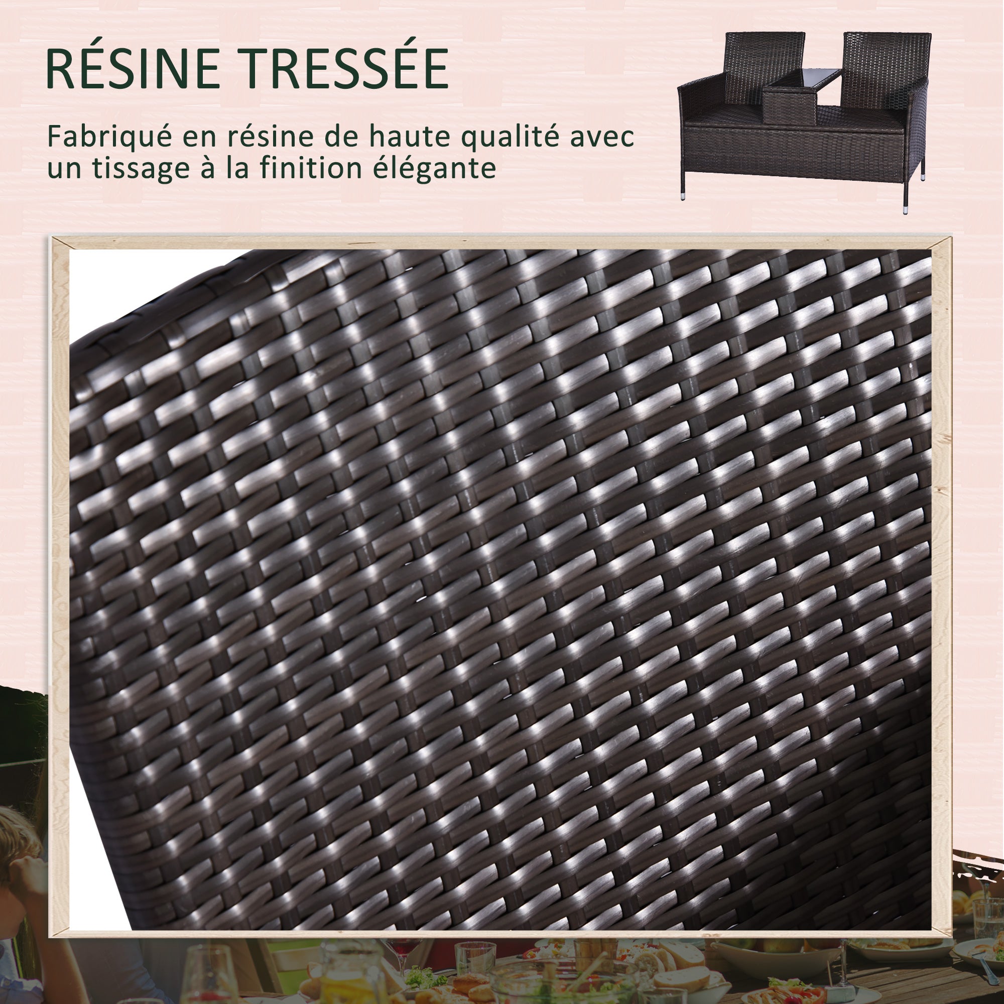 Contemporary Design Garden Bench 133L x 63W x 84H cm Double Bench with Seat Cushions + Integrated Table Woven Resin Rattan Chocolate Polyester Cream