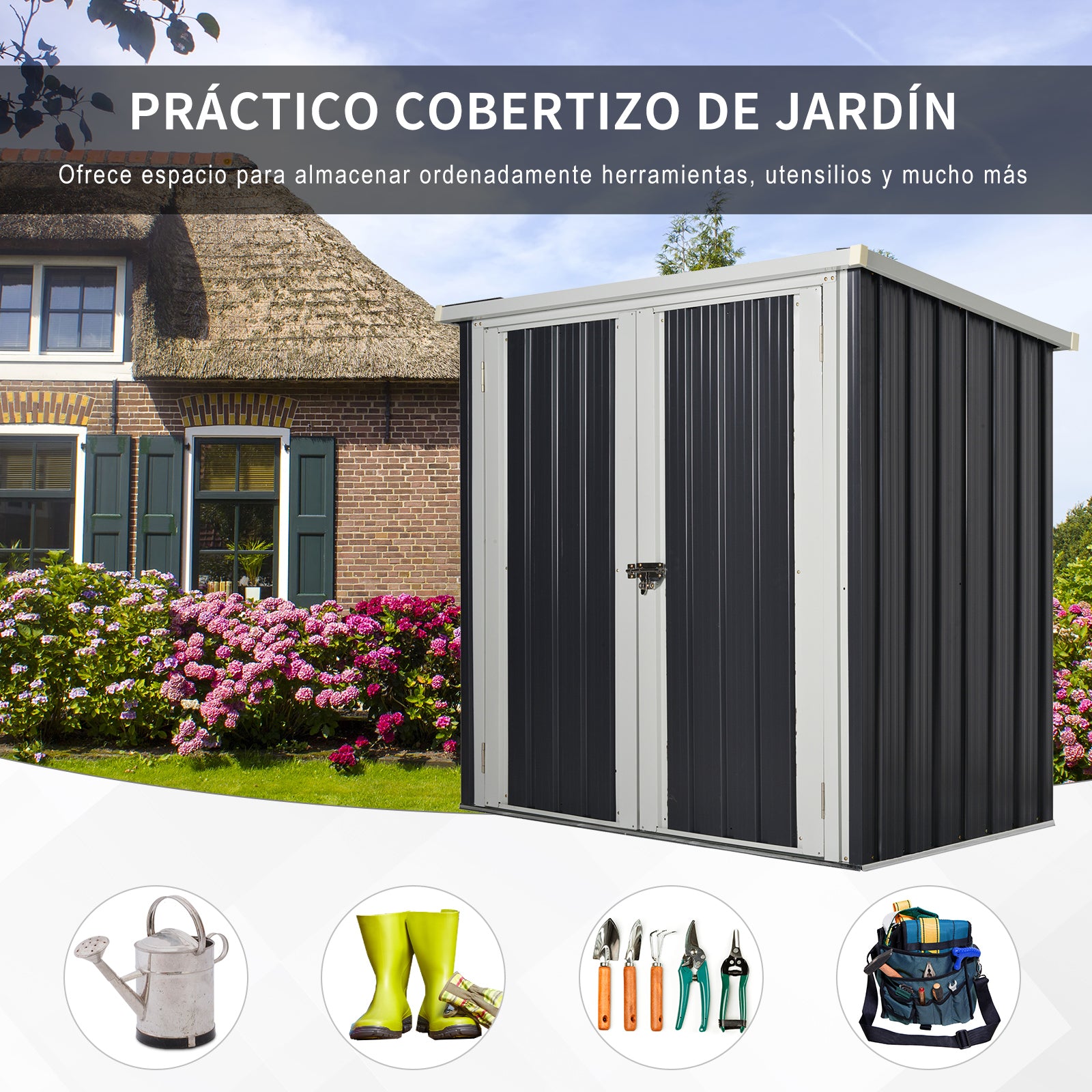 Outdoor Garden Shed 1.26 m² 147x86x134 cm Metal Outdoor Shed with 2 Doors and Lock for Tool Storage in Patio Terrace Black