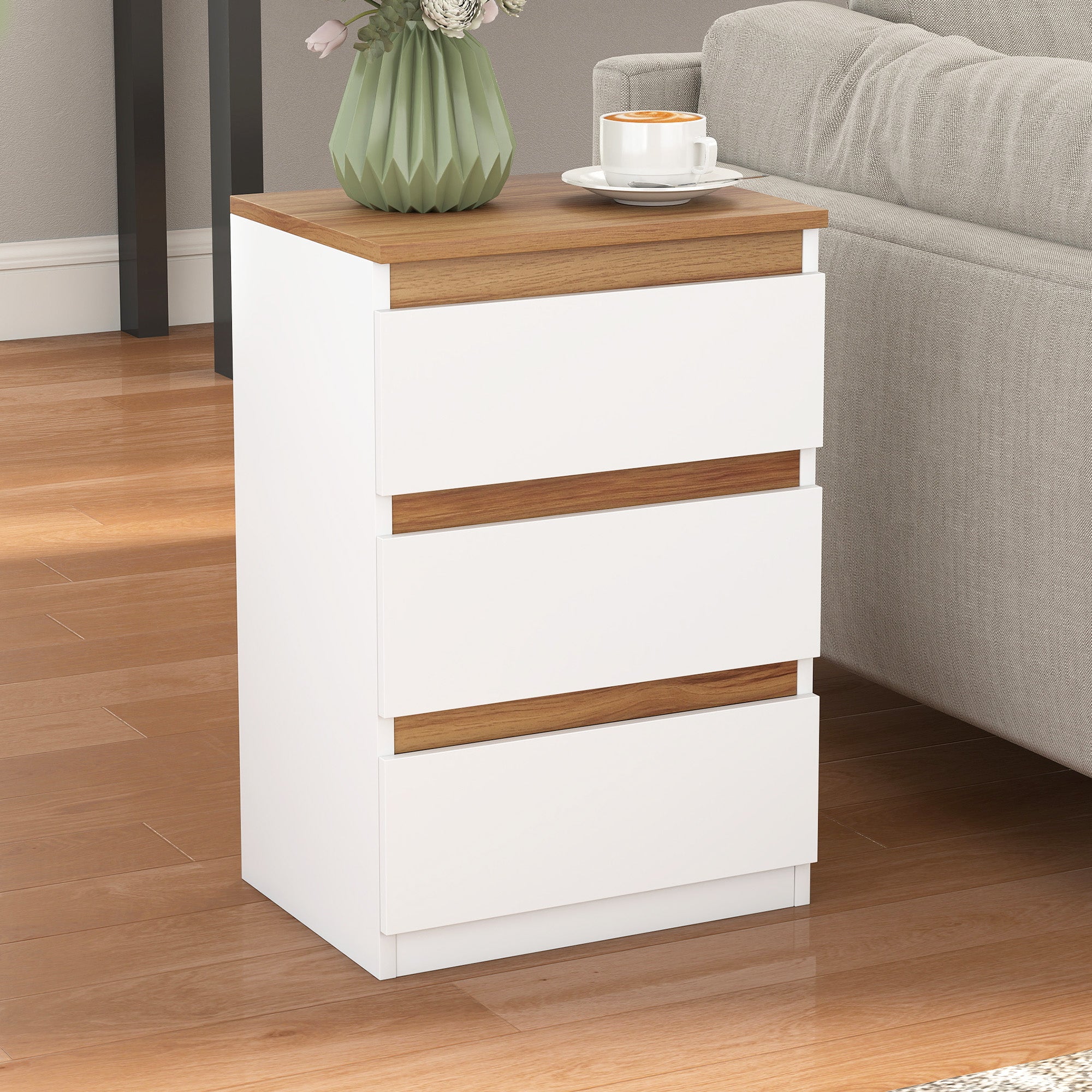 Set of 2 Bedside Tables Nightstands Narrow Modern Style with 3 Drawers 40x30x59.5 cm White