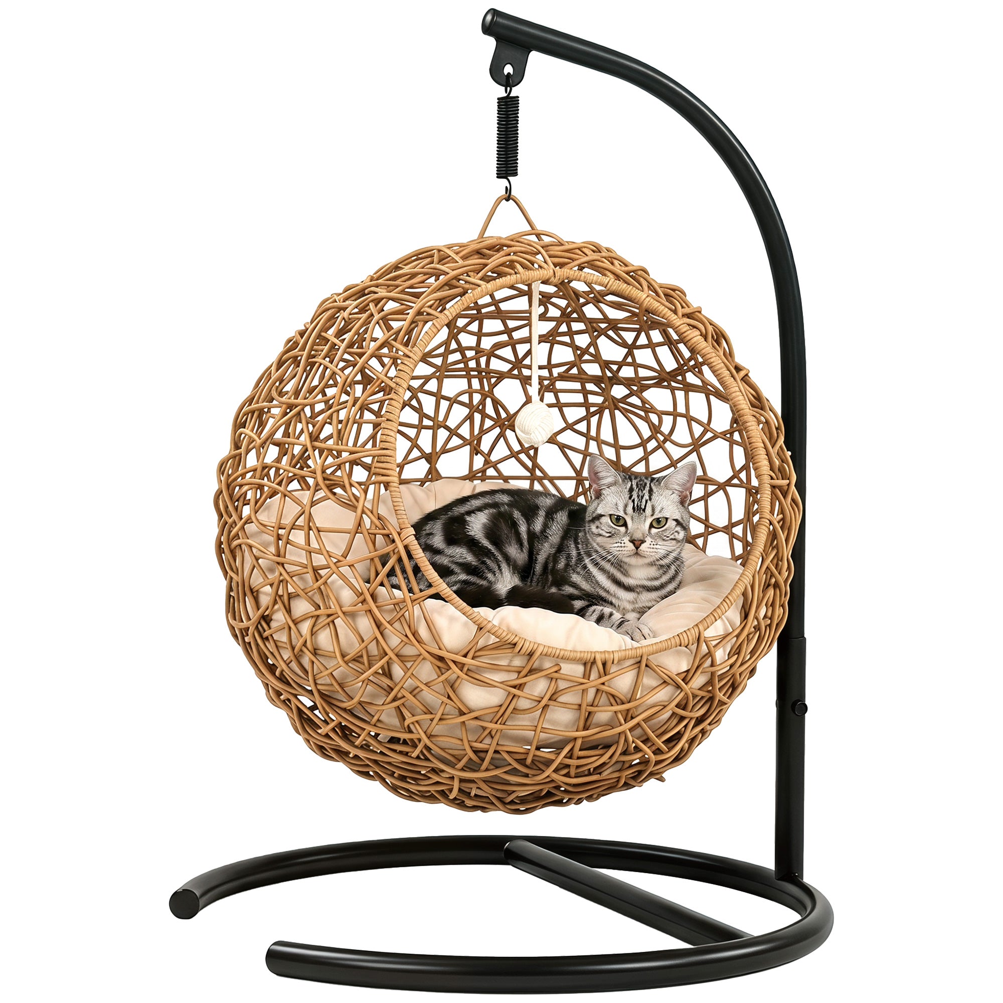 Woven Cat Bed — Elevated Rattan Cat House with Washable Cushion & Toy Ball, Indoor Hideout, 17.7 x 16.1 x 29.5 in (45 x 41 x 75 cm), Light Brown